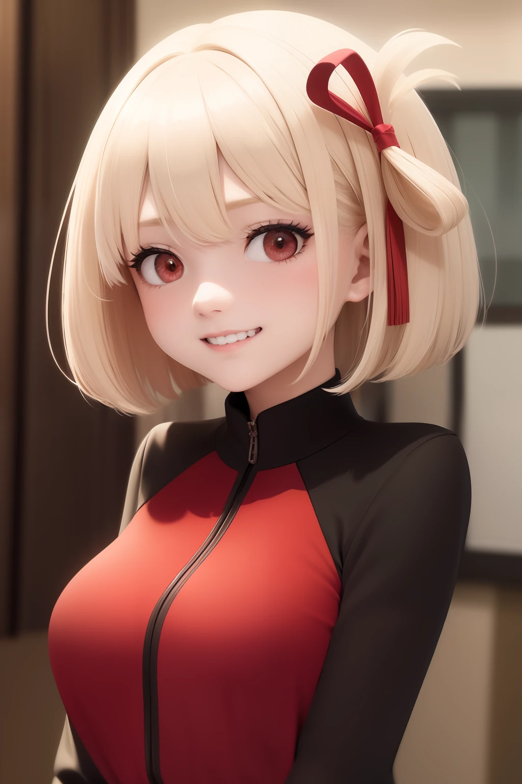 top-quality, masterpiece, platinum-blonde,Long hair,Short, Red ribbons,red eyes, Masterpieces of the upper body,(ultra-detailliert),1girl in,A big smile,Senzoku Nishikiki,Licorice recoil
