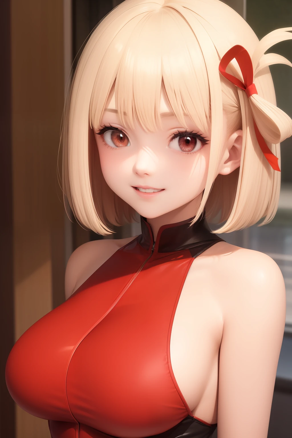 top-quality, masterpiece, platinum-blonde,Short,red eyes, Masterpieces of the upper body,(ultra-detailliert),1girl in,ssmile,Red ribbons,sexy dress,tits out
