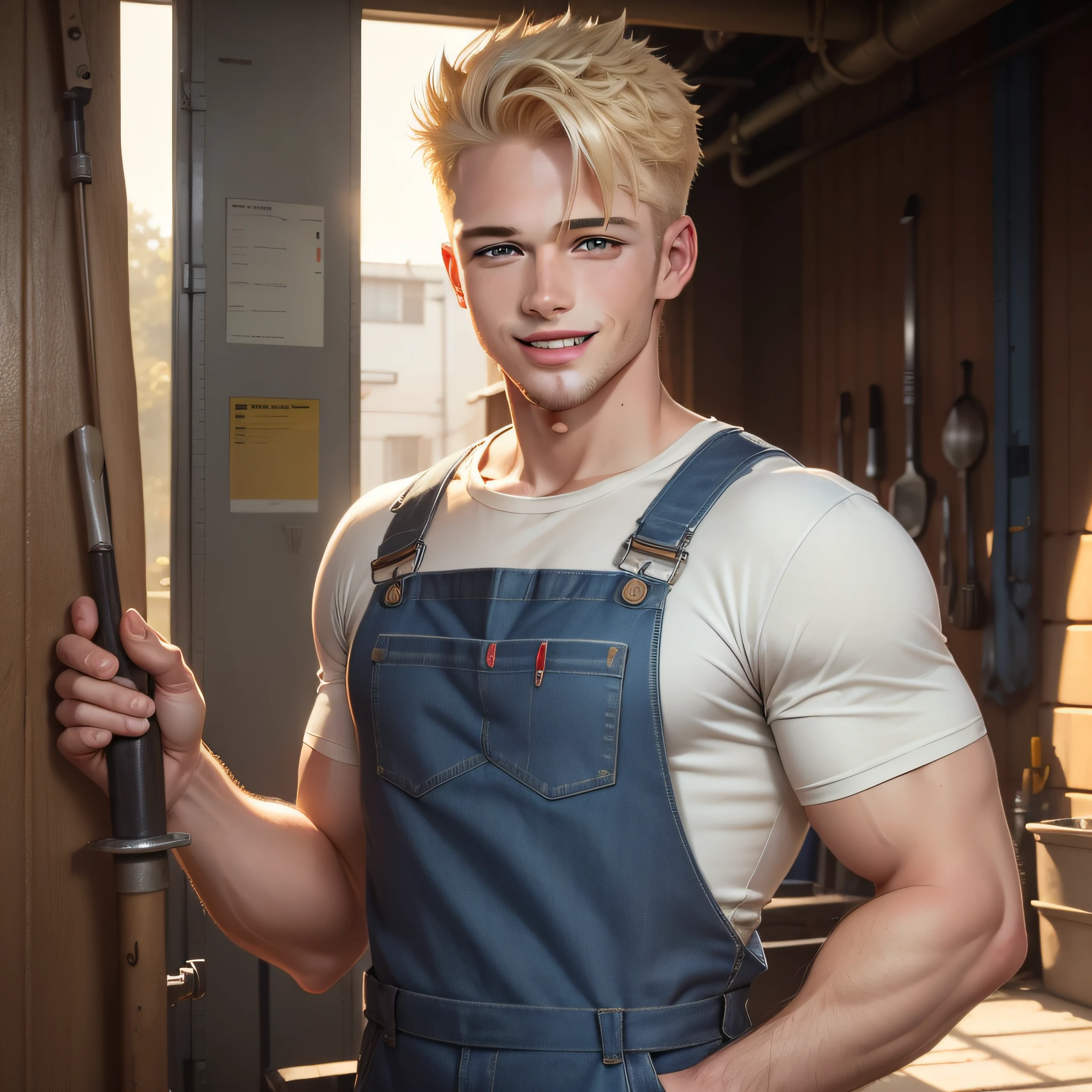 blond man in overall, mechanic, head shot, looking at the camera, happy smile, big smile, 20 year old man , single man , at garage, attractive man, attractive male, holding spanner, blond model, all medium blond hair, high res, , handsome male, brown-eyed man, realistic, natural light