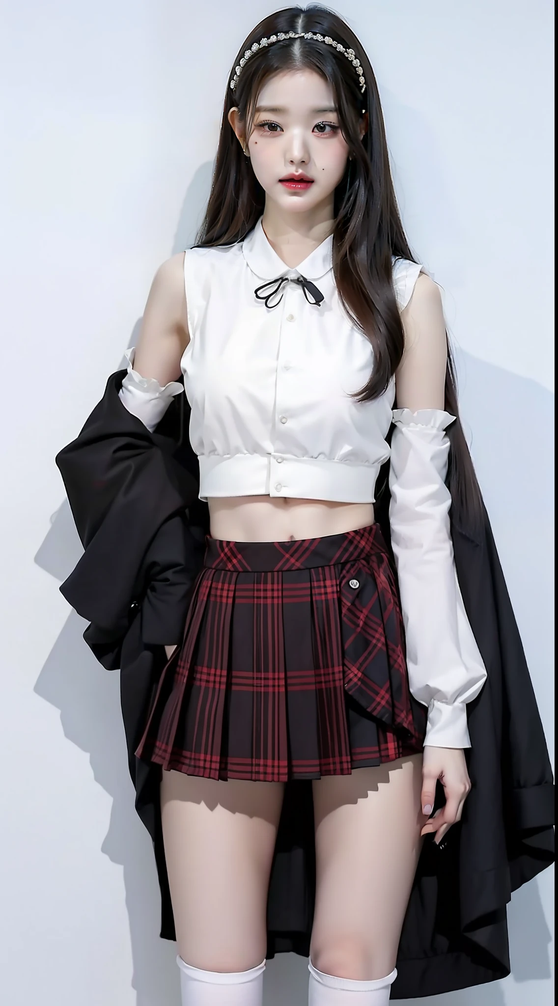 top-quality、masterpiece、1 、A slender、small tits、校服、hyperdetailed face、Detailed eye、二重まぶた、Plaid pleated skirt、knee high socks、full bodyesbian、without background、Beautiful abs、Navel