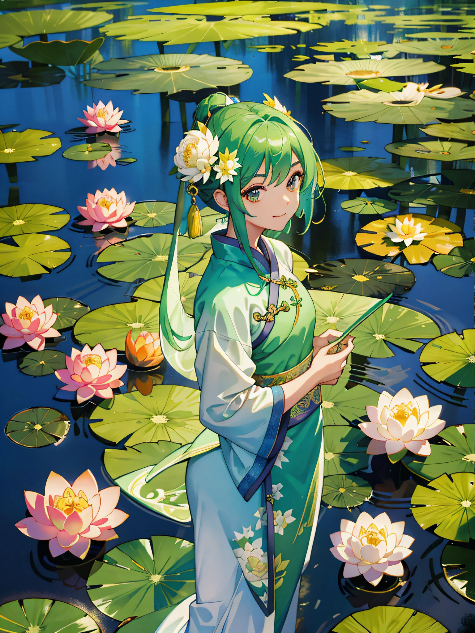 one-girl， Ancient Chinese clothing， full bodyesbian， rays of sunshine， Clear face,florals，Lotus leaf，lotuses， tmasterpiece， super detailing， Epic composition， hyper HD， high qulity， extremely detaile， offcial art， Uniform 8k wallpaper， super detailing， 32k