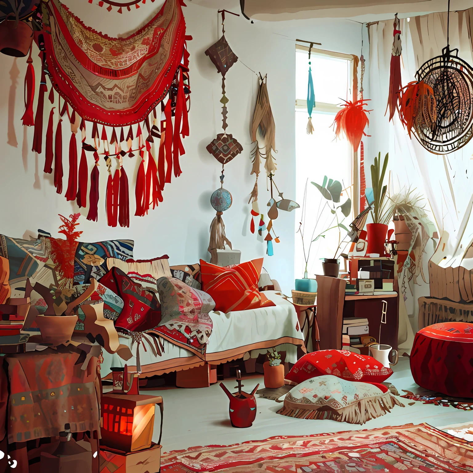 a close up of a living room with a couch and a table, cottagecore hippie, Messy minimalist interior, Tribal blue atmosphere, Bohemian style, Boho Style, Blue theme, perfect maximalistic composition, Bohemian - chic, cozy place, Red theme, red and brown color scheme, living room vibe, Decoration around the room, light boho carpet