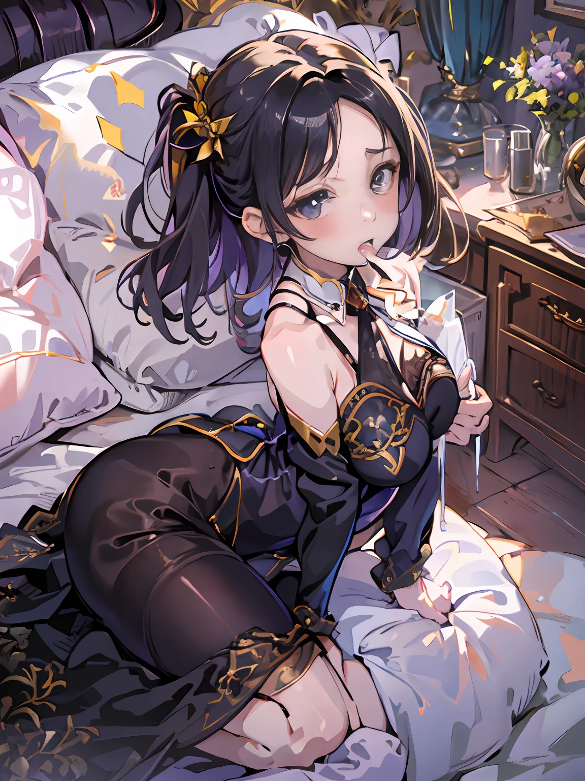 (masterpiece、top-quality)、(女の子1人)、(独奏)、(female focus)、(Ahoge、A dark-haired、semi long hair)、masterpiece、top-quality、hight resolution、独奏、Colossal tits、in a house、Misaligned bra、T back、(Reaching: 1.2)、sprawl、From above、Outstretched arms、irate、a bed、Disheveled underwear、Rough breath、sexual expressionsinvite