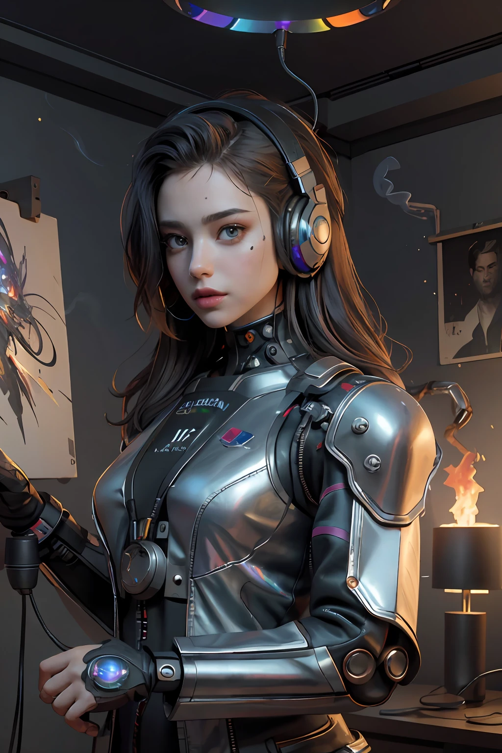 (Masterpiece, Best Quality, High Resolution, Absurd, Detailed: 1.2), Humanoid, Robot, Wearing Headphones, Looking Away, (Cyberpunk, Art Canvas, Brush, Easel, Rainbow Colors, Holographic: 1.6), Male, (Cable, Wire, Flame, Fire, Smoke, Overheating, Explosion, Indoor, Room, Simple Background) detailed,face detailed, perfect fingers, perfect texture,