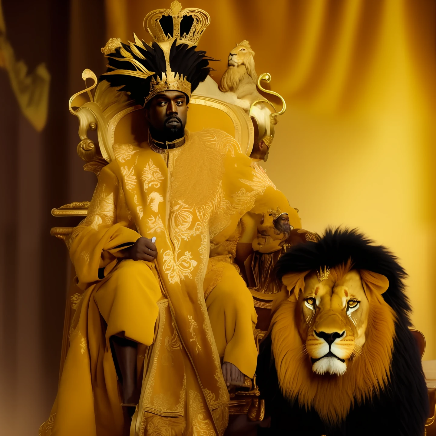 araffe sitting on a throne with a lion and a lion, king of kings, kanye west as emperor napoleon, king of the jungle, brown skin man egyptian prince, sat in his throne, sitting on his throne, many crowns!! upon his head, king in yellow, the king of rooster, the king of dreams, lion warrior, the king in yellow