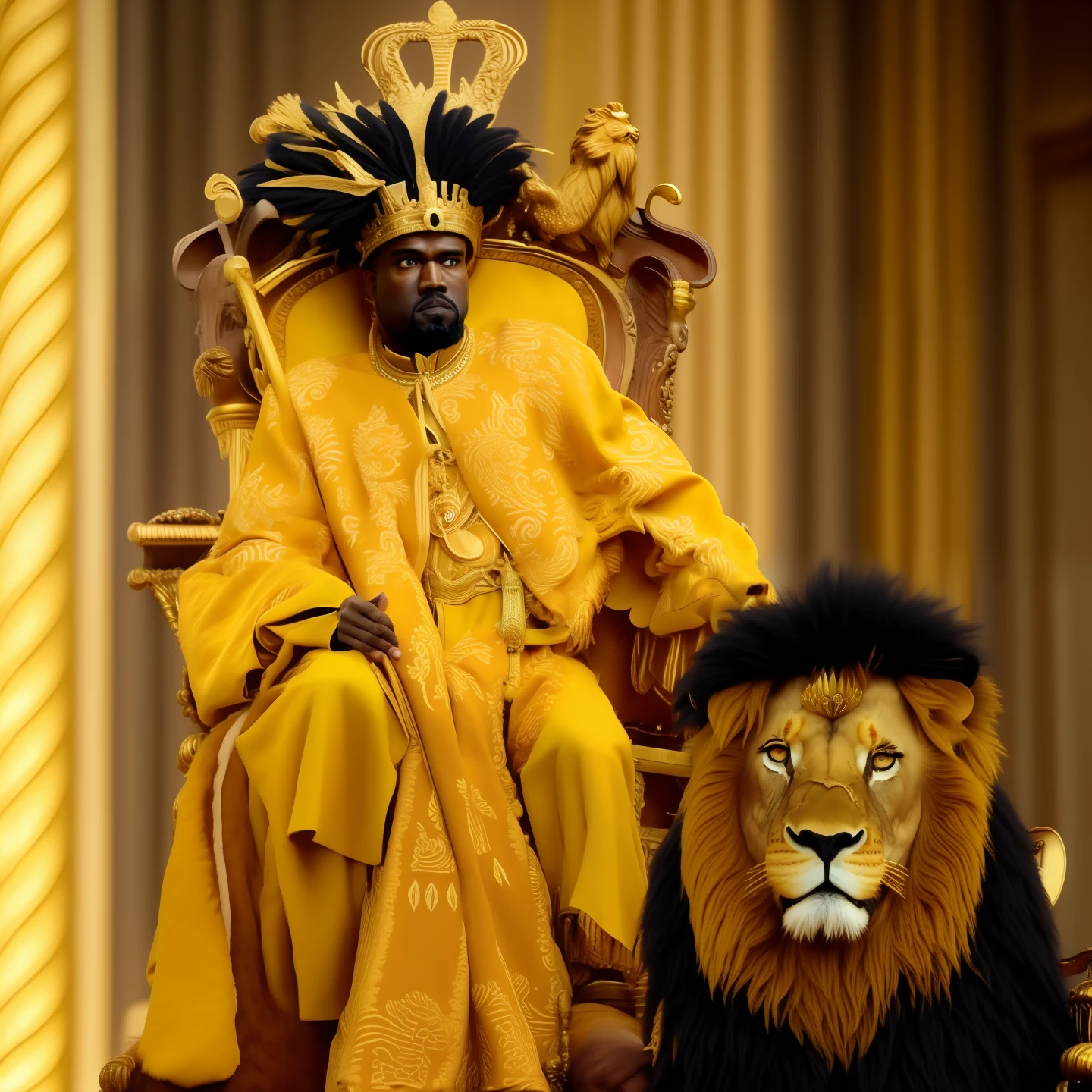 araffe sitting on a throne with a lion and a lion, king of kings, kanye west as emperor napoleon, king of the jungle, brown skin man egyptian prince, sat in his throne, sitting on his throne, many crowns!! upon his head, king in yellow, the king of rooster, the king of dreams, lion warrior, the king in yellow