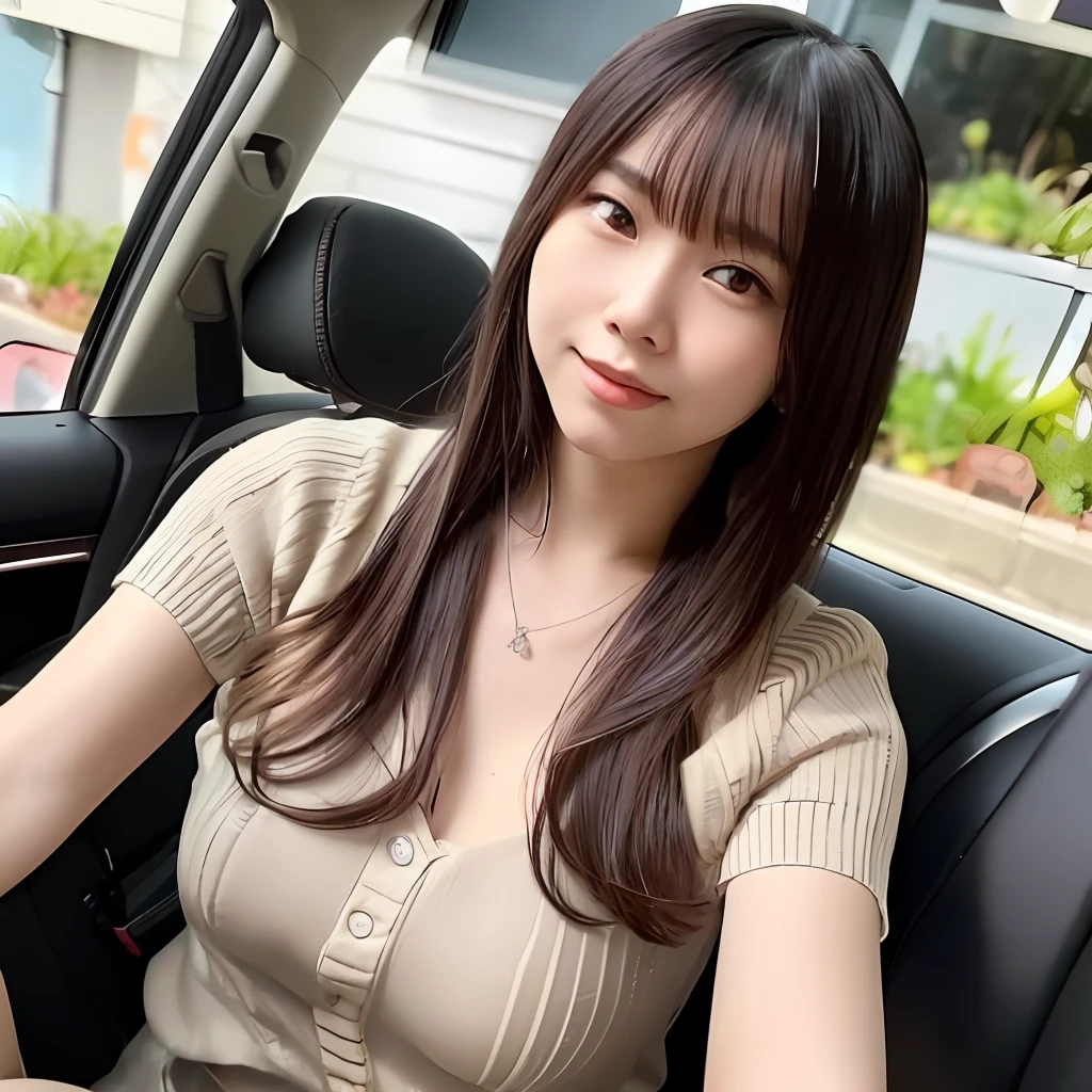 there is a woman sitting in a car with long hair, smiling, 8k selfie photograph, shot on nikon z9, captured on canon eos r 6, taken with sony alpha 9, shot on canon eos r 5, shot on canon eos r5, young cute wan asian face, 2 7 years old, gorgeous young japanese woman, 1 8 yo, 🤤 girl portrait