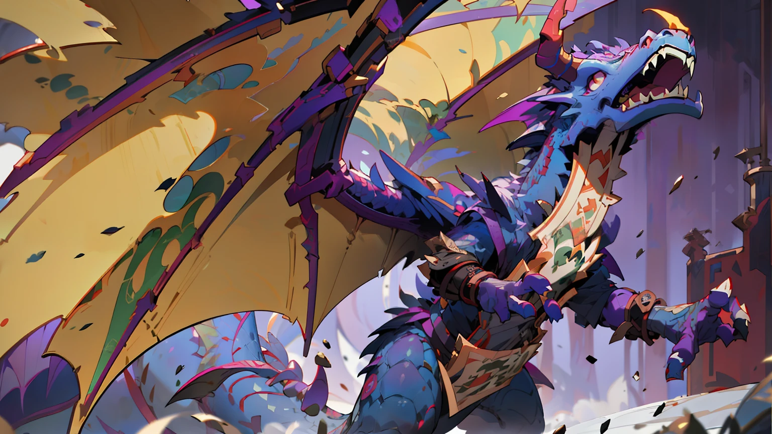purple and gold dragon with red eyes and wings flying in the sky, d&d commision art dragon, colossal dragon as background, wow 4 k detail fantasy, wyvern, hearthstone card art, dragon vore art, hyperrealistic d & d fantasy art, hearthstone art, hearthstone card artwork, very cute purple dragon, hearthstone weapon art, epic fantasy card game art