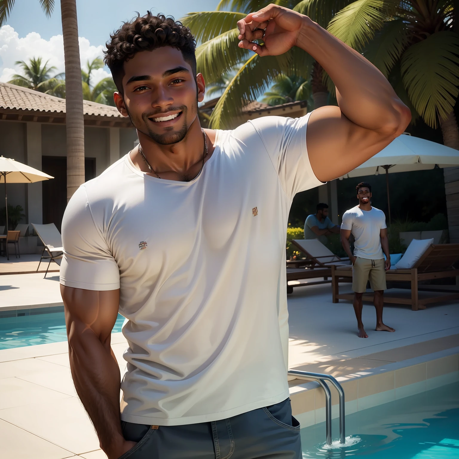 brown  man in T shirts, head shot, looking at the camera, happy smile, big smile, 20 year old man , single man , at pool side, attractive man, attractive male, holding cocktail , blond model, all medium blond hair, high res, , handsome male, brown-eyed man, realistic, natural light