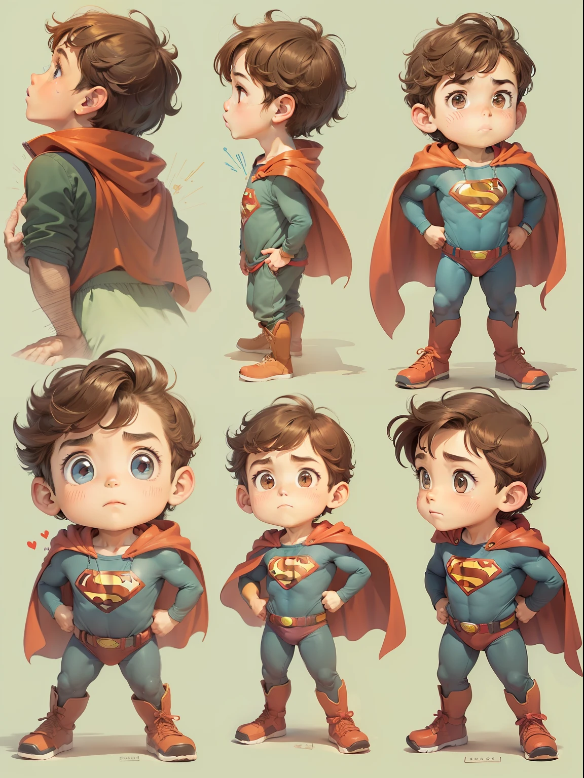 Whole body, cool, boy, hero in picture book, brown hair, superman style, various facial expressions, burly, strong, hero in picture book, popular with children, Ghibli, illustration.