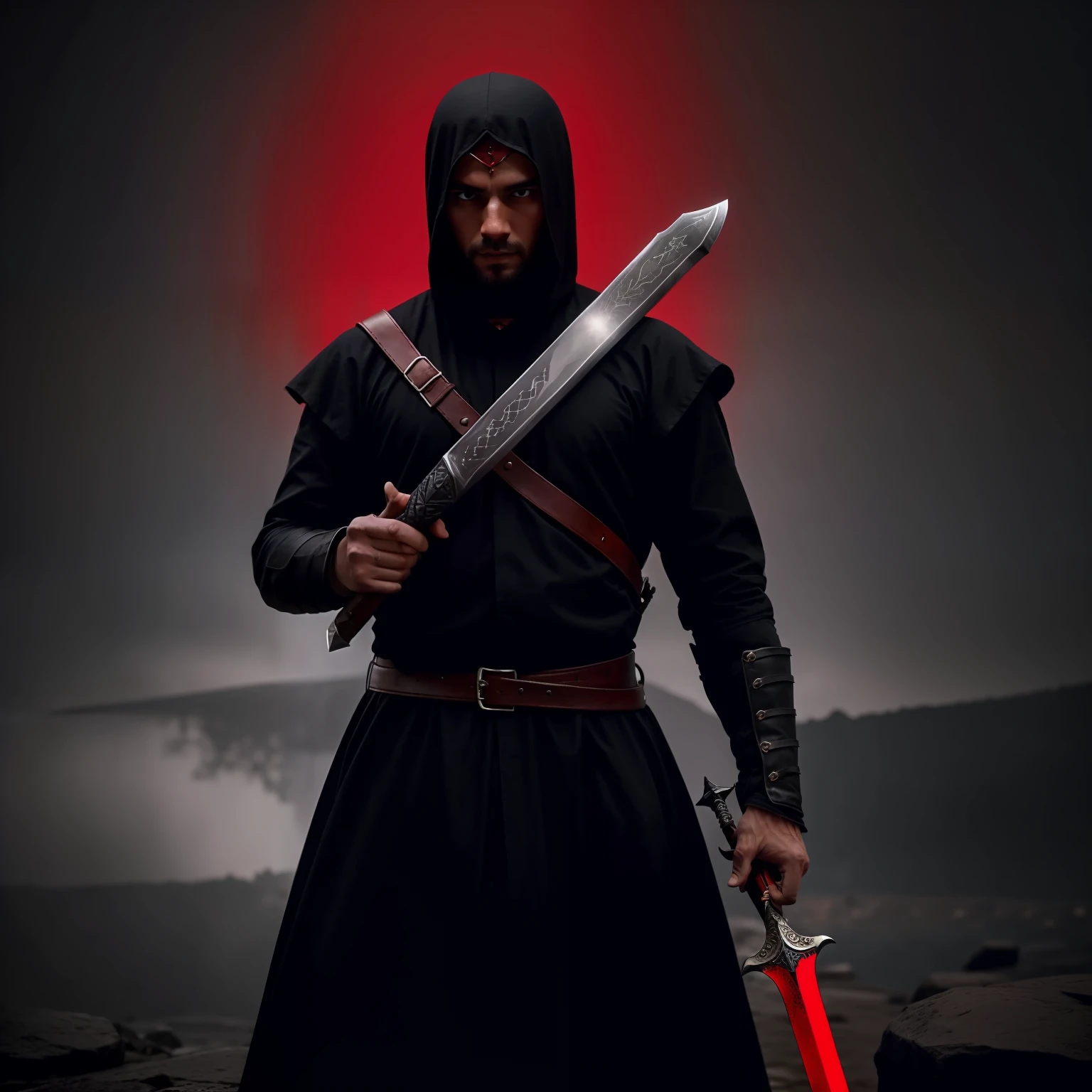 Cover your head with one hand,Backsword greatsword,Dressed in black, called red