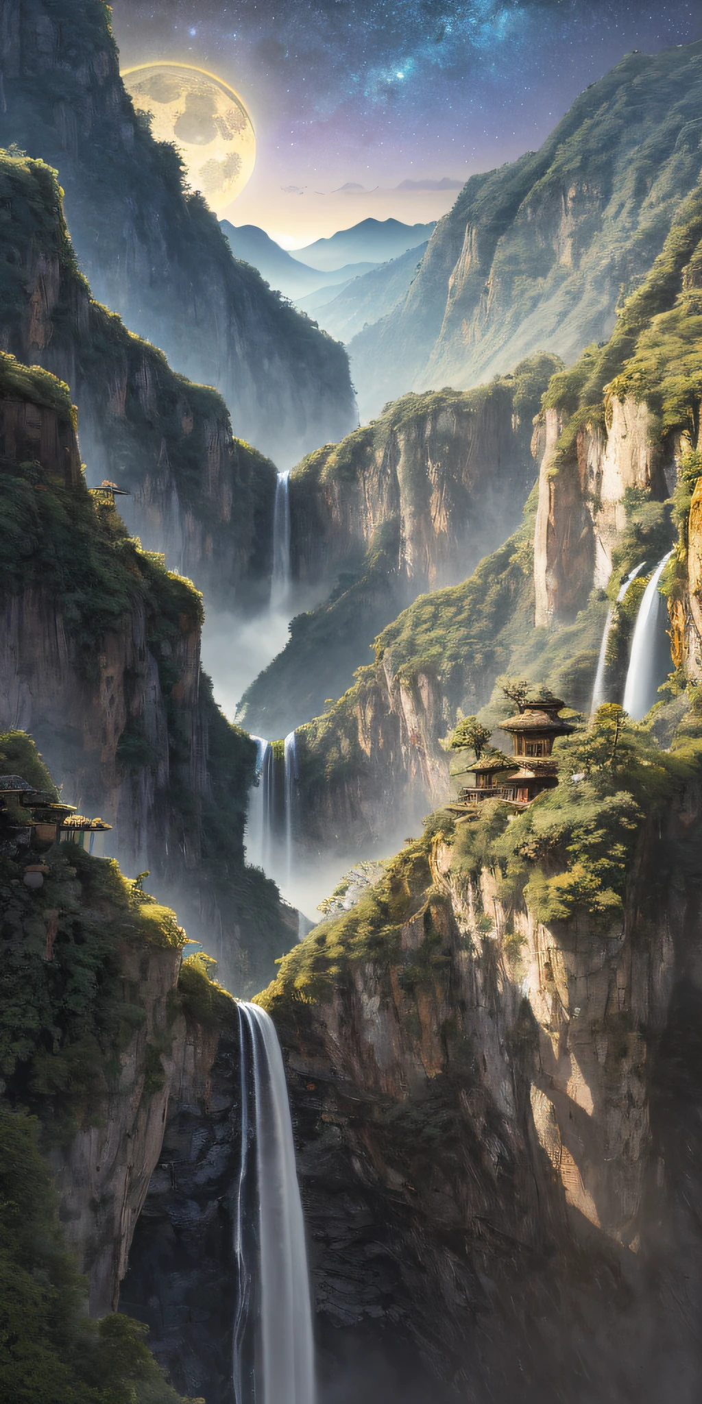 It is suspected that the Milky Way fell for nine days,The stream plummeted 3,000 feet,Masterpiece, High quality, Extremely detailed Cg Unity 8K wallpaper, scenery, Outdoors, Bamboo, Moon,Night, No Man, Mountain, landscape, waterfallr, cliff, Nature, Panda, award winning photography, hdr, full bloom, color difference ,Photorealistic,Extremely detailed, trending on artstationh, trending on CGSociety, Intricate, High detail, Dramatic, art by midjourney