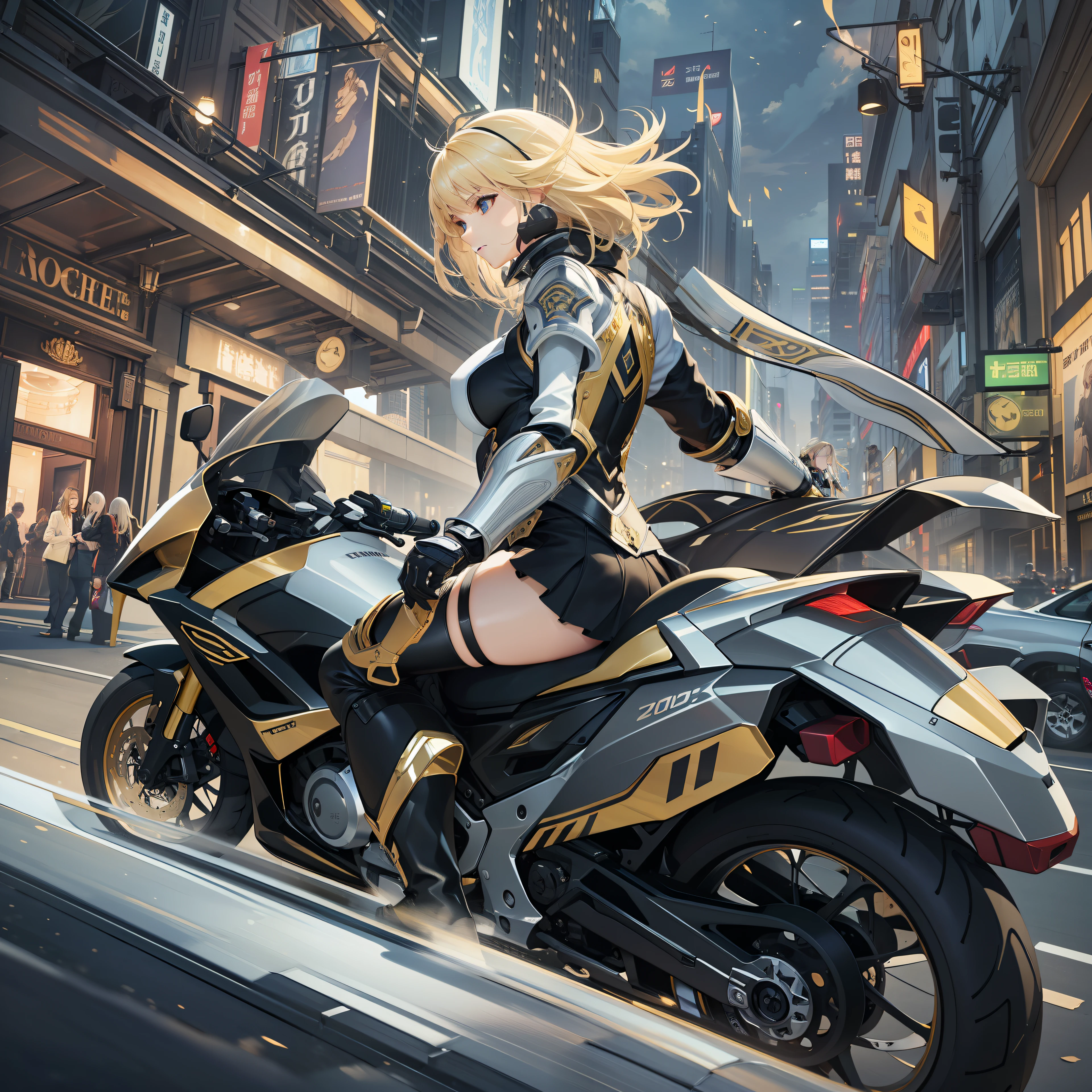 ​masterpiece、top-quality、High-quality images、8K、detail、One Woman、Elegant woman、Active women、Driving a motorcycle of the near future、Glide through the air、a miniskirt、Black underwear、golden armour、Gloves and boots are also armor、length hair、platinum-blonde-hair、Light of the future city