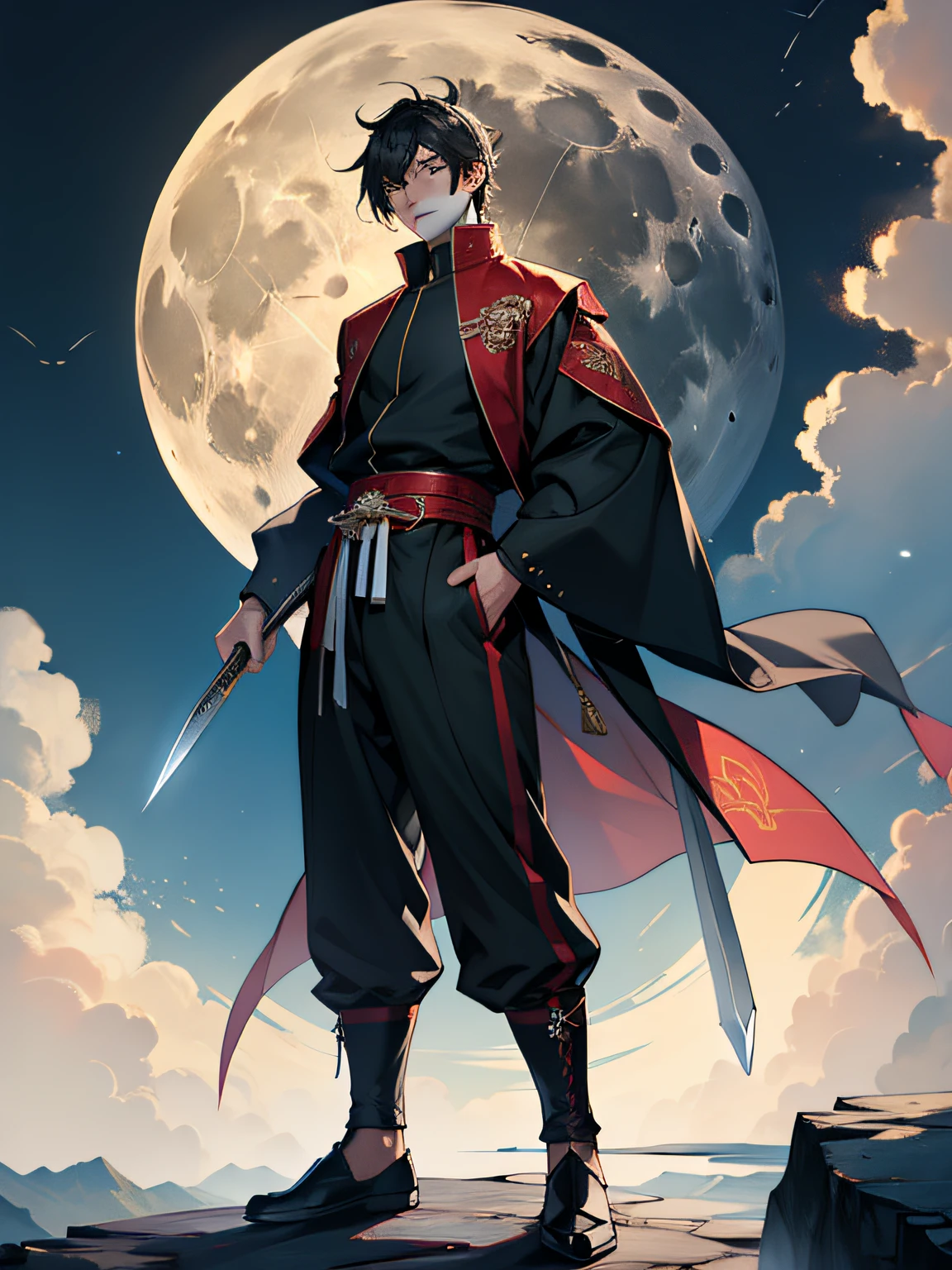 best qualtiy,tmasterpiece,超高分辨率,mtu,Tang suit,Long knives,Full moon,standing on your feet