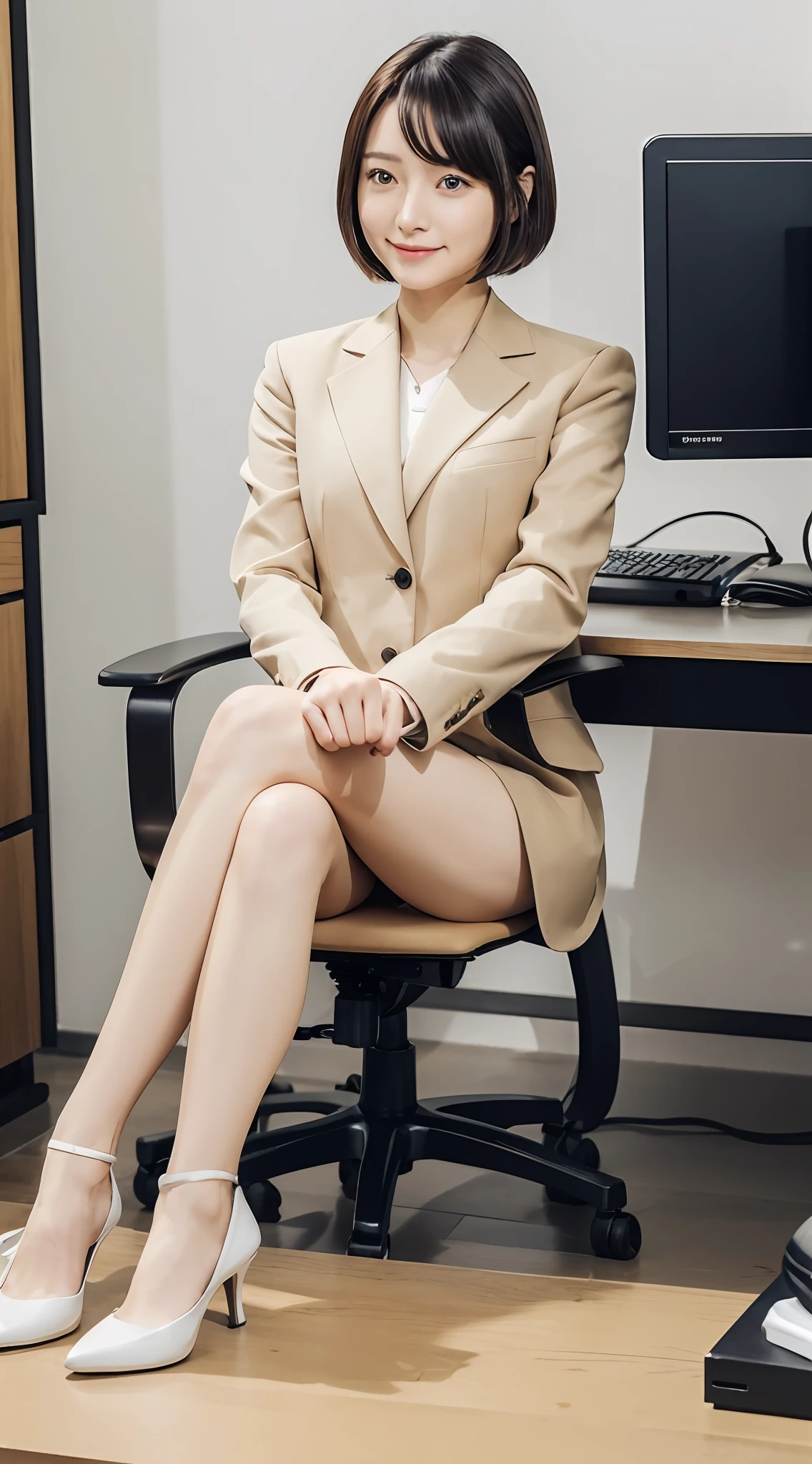 masterpiece、top-quality、8K、1girl in、younggirl、shinny skin、(Nice leg line:1.3)、thin-waist、Huge chest suit、Being in the company of high heels,The upper part of the body,Sexy legs、Beautie、Beautuful Women、kawaii、ren、Beautiful fece、dual、a small face、beauitful face、japanes、Casual Suit、Being in the company、in-house、rcasual、The face is orderly、slacks、Beige and white、Shortcut Hair、desk work、Sitting in a chair and operating a computer、