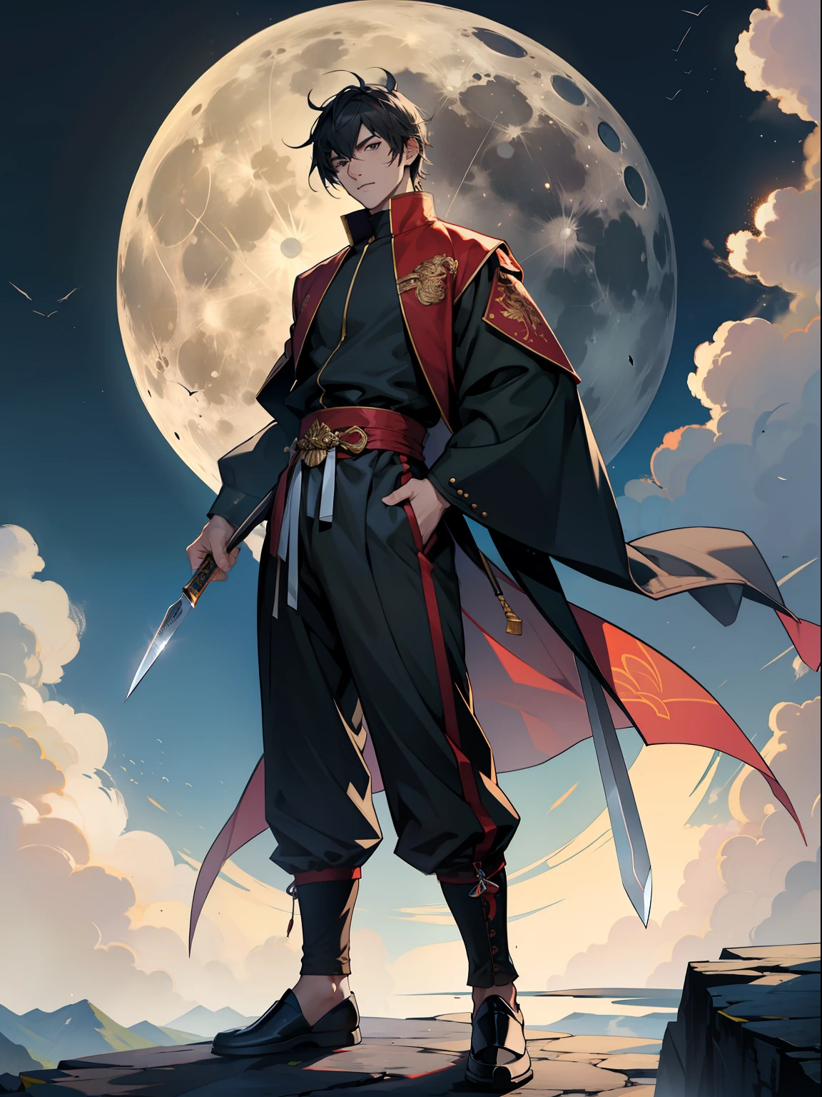 best qualtiy,tmasterpiece,超高分辨率,mtu,Tang suit,Long knives,Full moon,standing on your feet