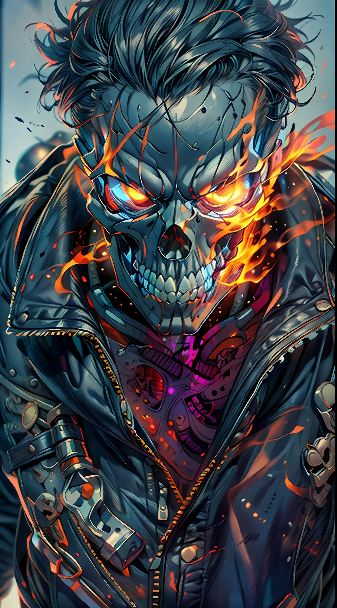 (RAW Photo, Best Quality), (Realistic, Photorealistic Photo: 1.3), Best Quality, Highly Detailed, Masterpiece, Ultra Detailed, Illustration, ghost rider, burning skull, black jacket, black jeans, black shoes, epic background, standing like ghost rider, upper body, ghost riders costume, Best Quality, Extremely Detailed CG Unified 8k Wallpaper, Ink, Amazing, badass look, portrait, close up (skull texture), intricately detailed, fine details, hyperdetailed.