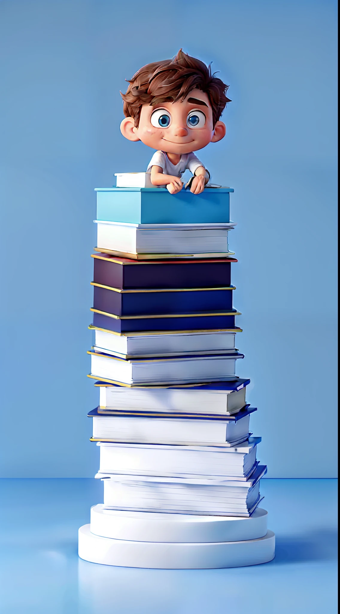 On top of a stack of books lies a student in a white T-shirt studying,blue tint,Small Fresh