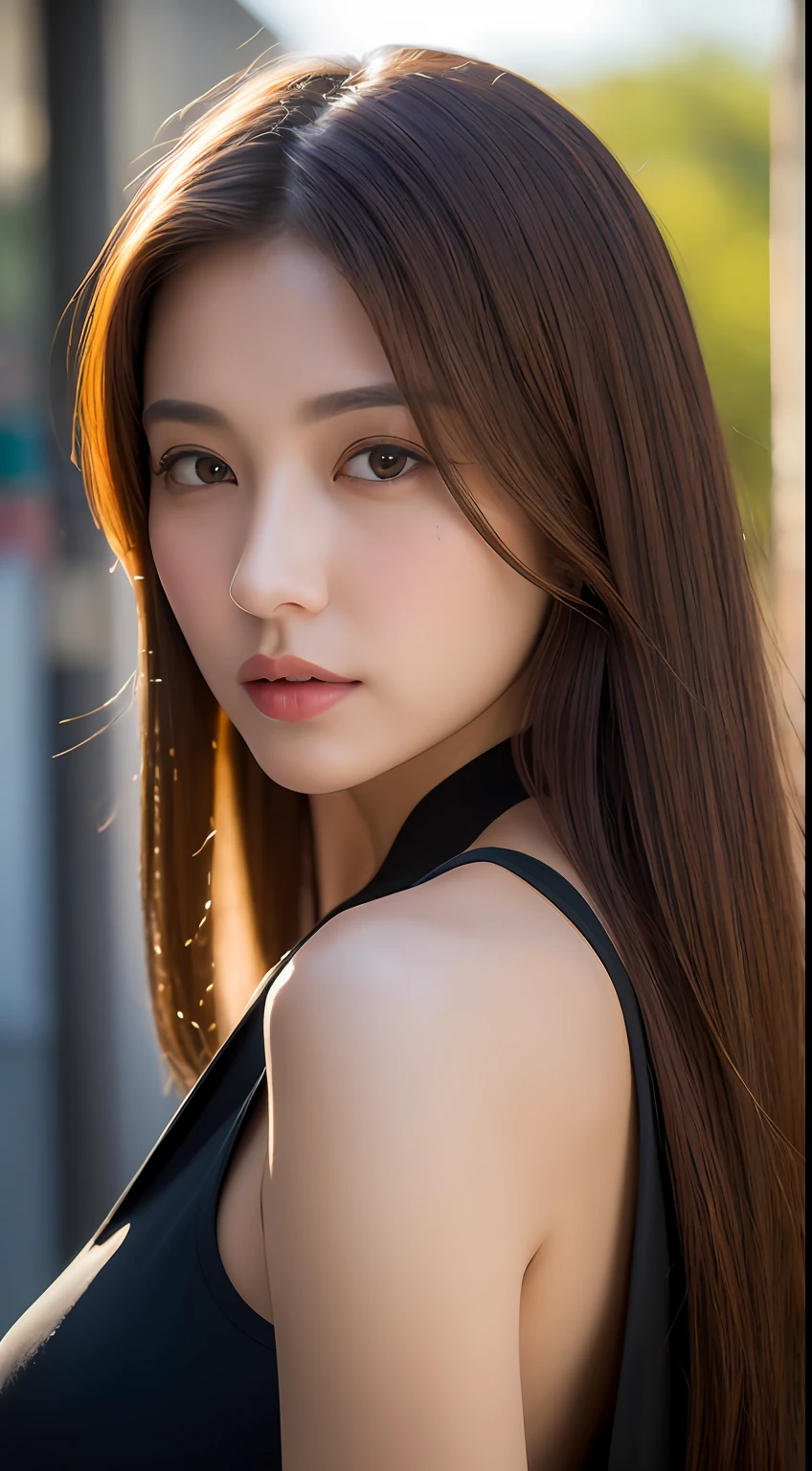 ((Best quality, 8k, Masterpiece :1.3)), Sharp focus :1.2, A pretty woman with perfect figure :1.4, Slender abs :1.2, ((Dark brown hair, Big breasts :1.2)), (Natural light, City street:1.1), Highly detailed face and skin texture, Detailed eyes, Double eyelid