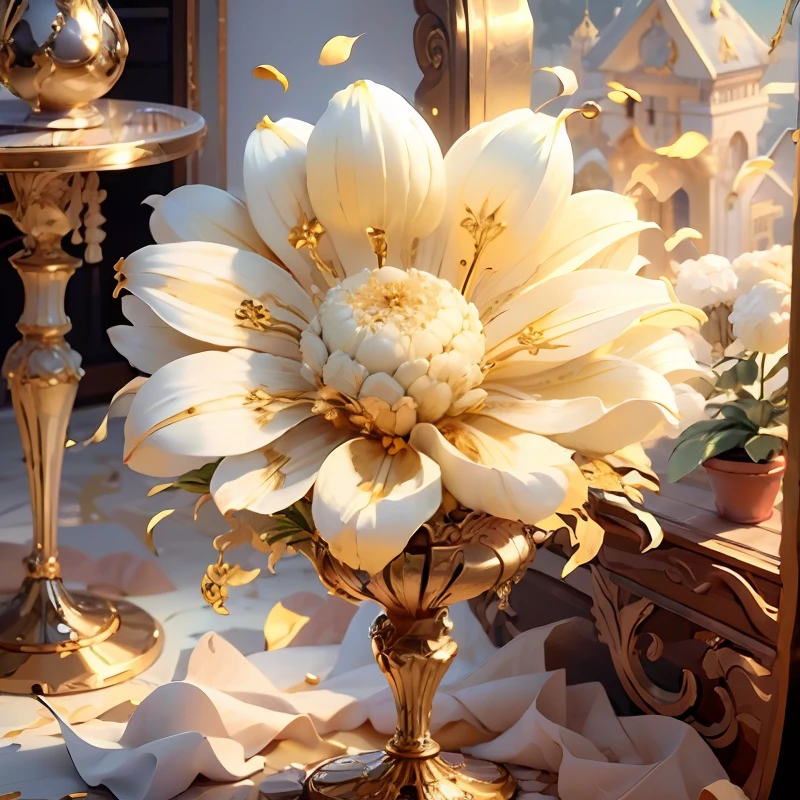 (((巨作))), Best quality, Ultra-detailed, Extremely delicate, pure and bright ivory and gold color, with golden and shiny metallic accents, brilliant and rich hue, delicate and bright floral patterns, emphasizing the theme of luxury and elegance, a reinterpretation of the traditional East-meets-West style, complemented by a joyful and vibrant sunflower,IvoryGoldAI