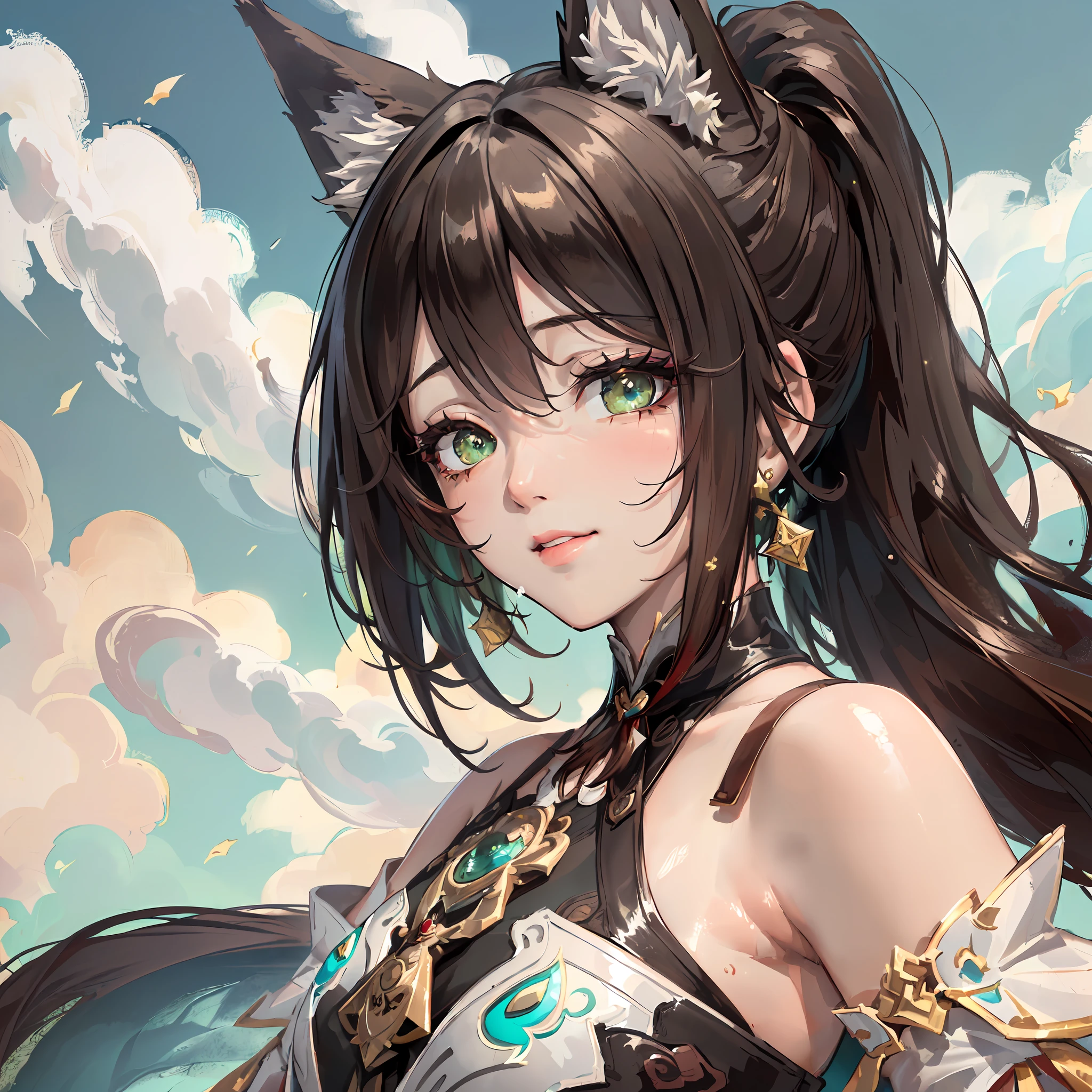 (Dynamic angle,headshot,Facial close-up,sky,water,imid shot, particle effect,artistic effect:1.2), evil smile,(floating and spread hair:1.2), (detailed and delicate and flexible eyes),(1girl,solo,arm, Tingyun (Honkai Star Rail),splash ink,shout,dark brown hair,green eyes,bare shoulders, jewerly, ponytail, medium hair, brown hair, detached sleeves,Big fox ears:1.2), (corrpution:1.15), fov,f/1.8, side lighting, sunlight ,(masterpiece, best quality, Ultra Detail, wallpaper, detailed shiny skin, flawless, 8k, RAW, highres,absurdres,:1.3), (detailed super oily shiny skin:1.1), colorful, power,zhenbanqiao