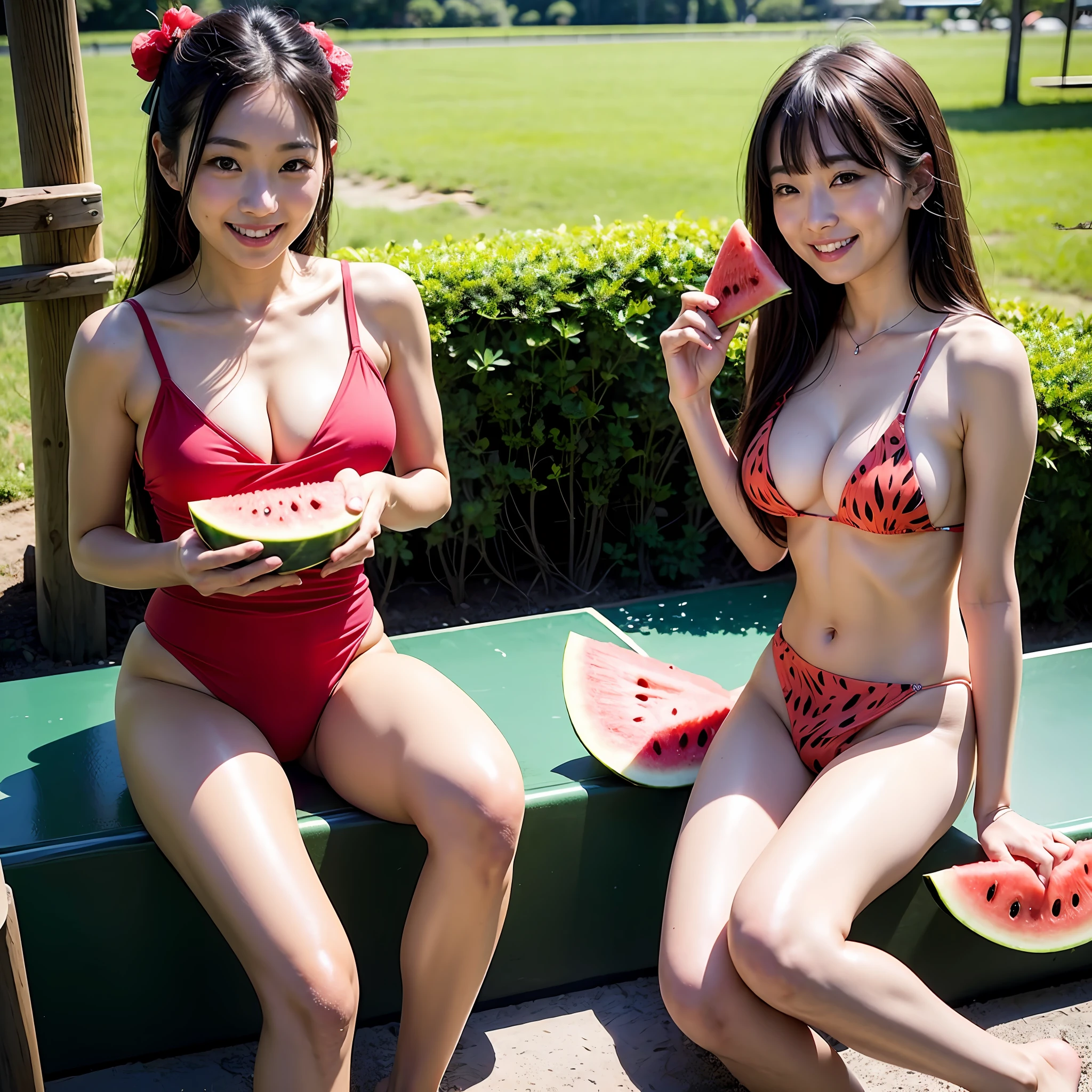 masterpiece、top-quality、realisitic、Photorealsitic、Watermelon-themed paradise、Japan woman in watermelon style sexy swimsuit、。Eating watermelon、Huge slices of watermelon、Watermelon farm、Bright décor、A smile、Joy、dynamic ungle、动态照明