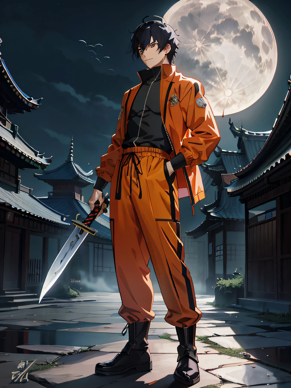 Anime - Stylistic image of a man in orange clothes holding a sword, Badass anime 8 K, style of anime4 K, Epic anime style, Anime art wallpaper 8 K, high detailed official artwork, anime style character, 4k manga wallpapers, Key anime art, 4K anime wallpaper, High Quality Anime Art Style, Anime wallpaper 4 k, offcial art, Anime wallpaper 4K