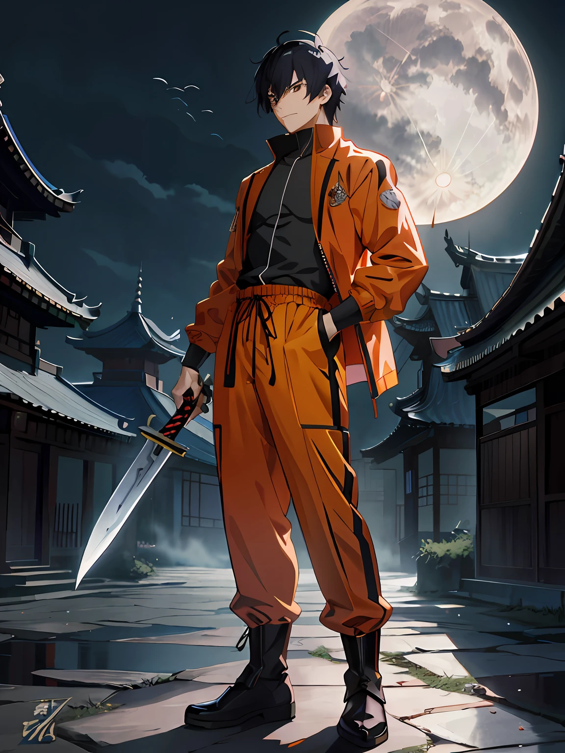 Anime - Stylistic image of a man in orange clothes holding a sword, Badass anime 8 K, style of anime4 K, Epic anime style, Anime art wallpaper 8 K, high detailed official artwork, anime style character, 4k manga wallpapers, Key anime art, 4K anime wallpaper, High Quality Anime Art Style, Anime wallpaper 4 k, offcial art, Anime wallpaper 4K