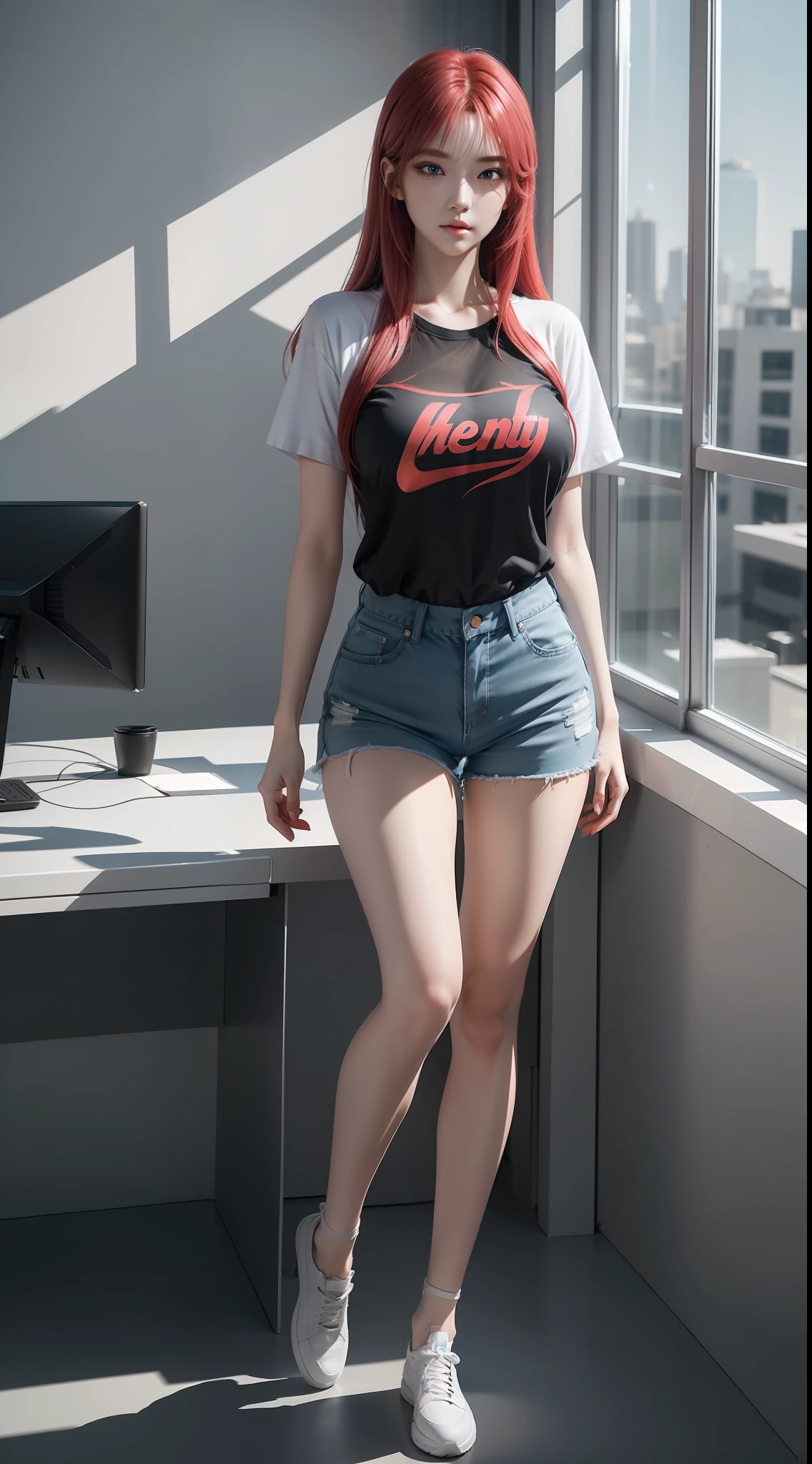 ((full body) ),gradient hair,(([white_red_0.5]hair)),(()),1girl,((office )),((bangs)),((t-shirt, )),office Ladies, shorts, behind the arms, best quality, masterpiece, illustration, very delicate and beautiful, very detailed, cg, unity, 8k wallpaper, amazing, fine details, masterpiece, best quality, official art, very Detailed CG Unity 8k wallpaper, ridiculous, unbelievably ridiculous, huge file size, super detailed, high resolution, very detailed, beautiful detailed girl, very detailed eyes and face, beautiful detailed eyes, face the light