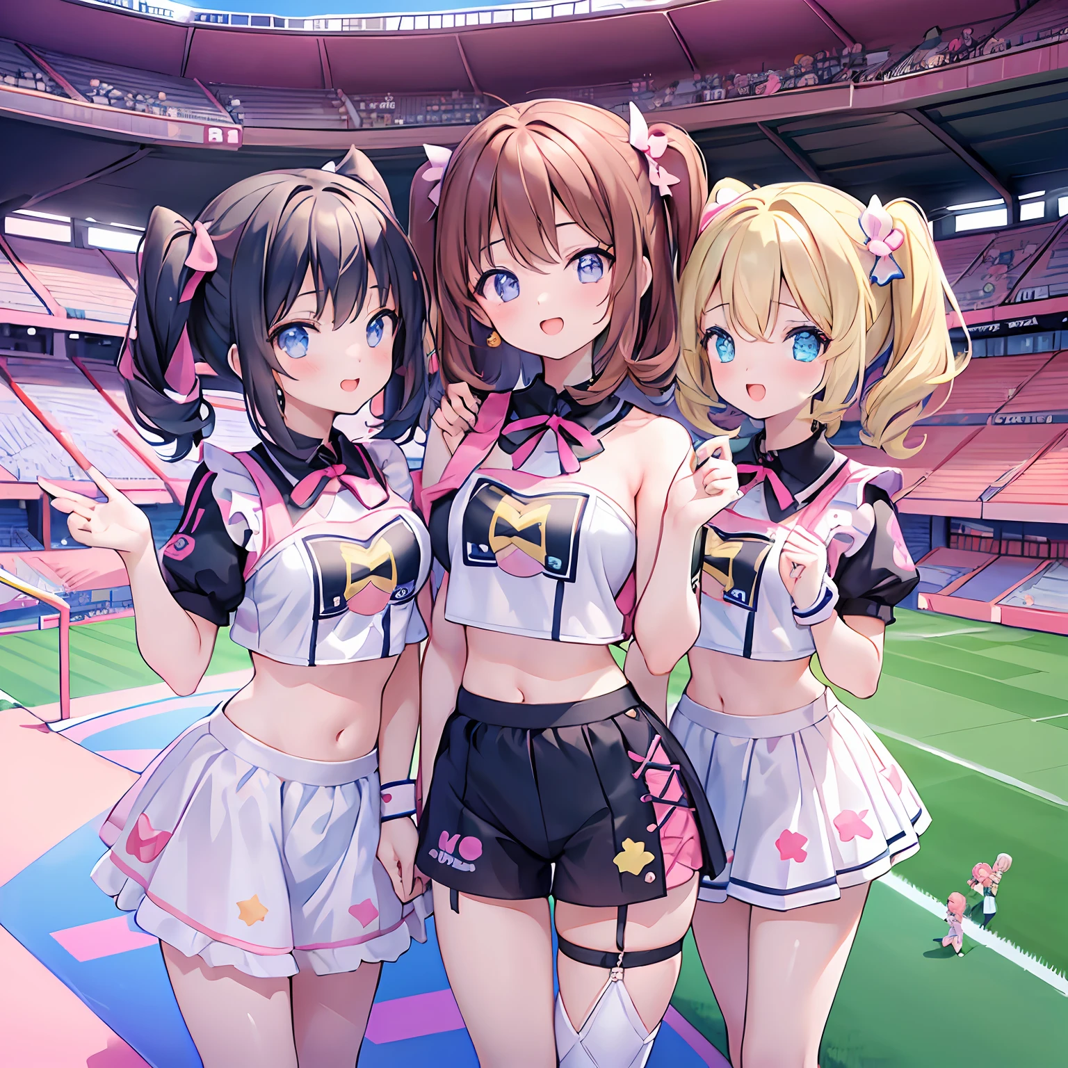 masterpiece, (2girls and 2girls and 2girls and 2girls at the stadium), idol, big eyes, kawaiitech, kawaii, cute, pastel colors, best quality, happy, deep background, symmetrical, tilted head, summer