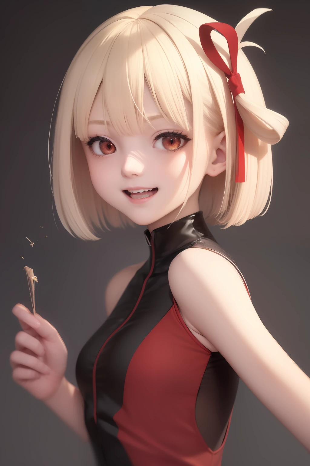 top-quality, masterpiece, platinum-blonde,Bob Hair,Short, Red ribbons,red eyes, Masterpieces of the upper body,(ultra-detailliert),1girl in,A big smile,Senzoku Nishikiki,Licorice recoil