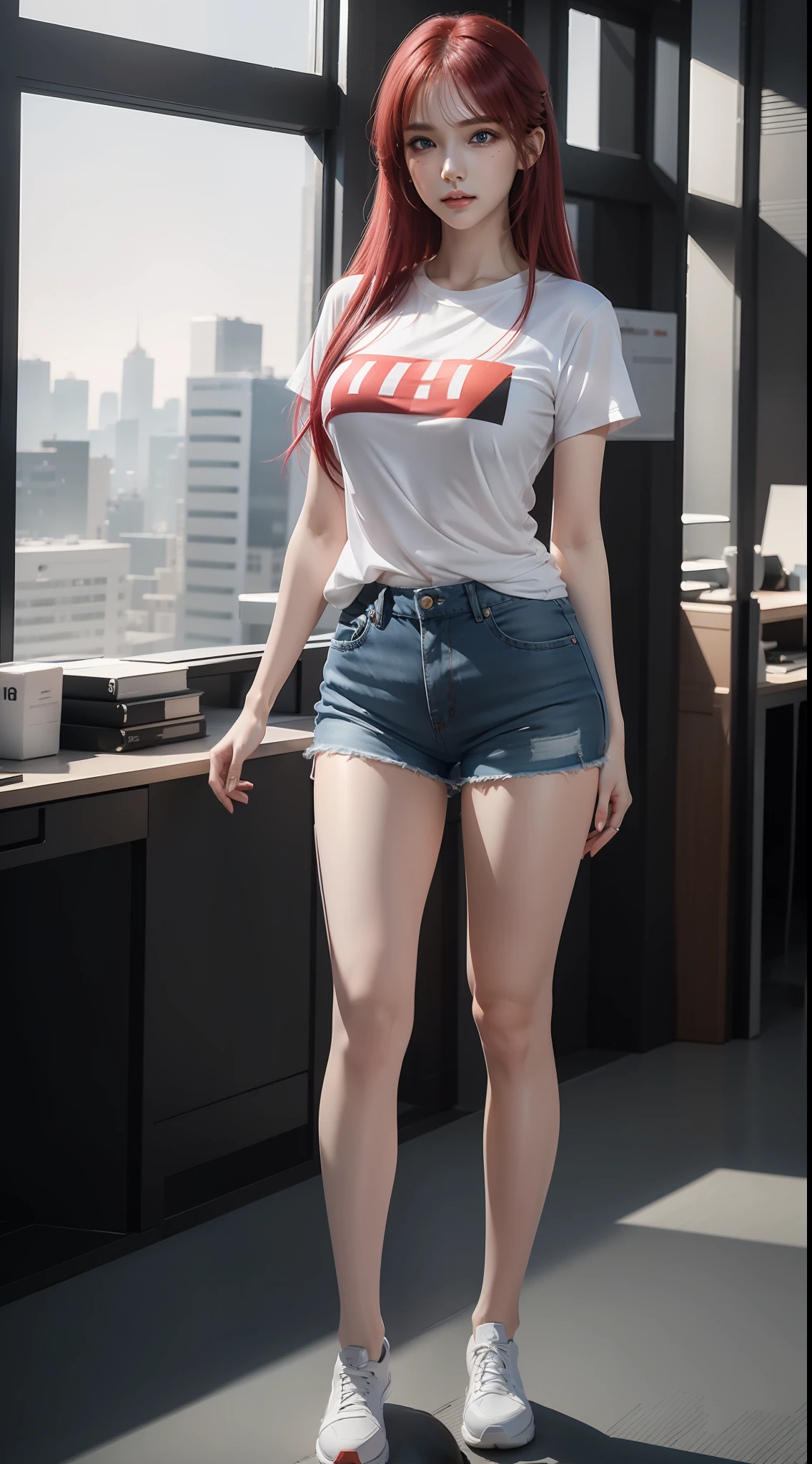 ((full body) ),gradient hair,(([white_red_0.5]hair)),(()),1girl,((office )),((bangs)),((t-shirt, )),office Ladies, shorts, behind the arms, best quality, masterpiece, illustration, very delicate and beautiful, very detailed, cg, unity, 8k wallpaper, amazing, fine details, masterpiece, best quality, official art, very Detailed CG Unity 8k wallpaper, ridiculous, unbelievably ridiculous, huge file size, super detailed, high resolution, very detailed, beautiful detailed girl, very detailed eyes and face, beautiful detailed eyes, face the light