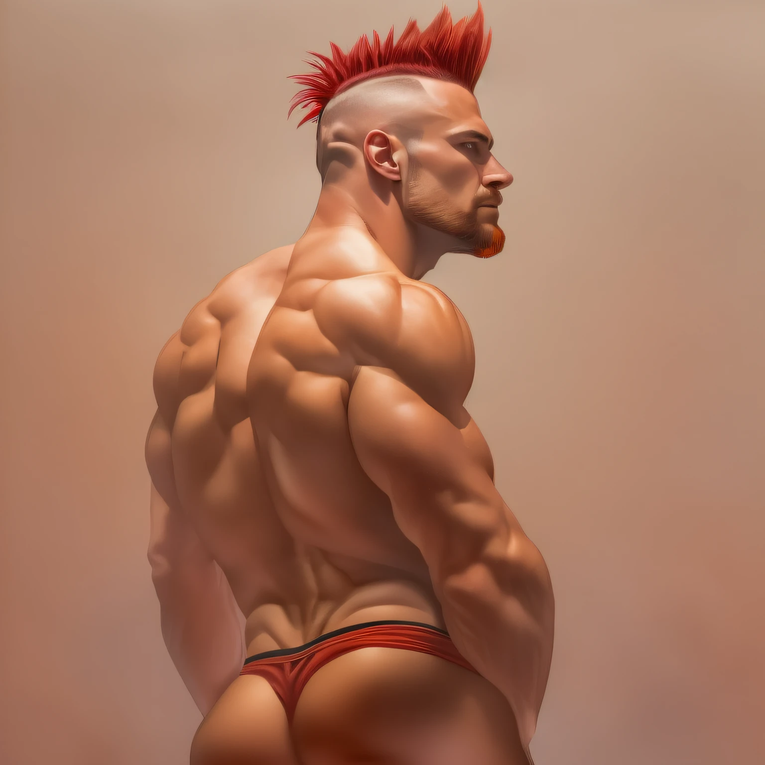 a huge muscular naked Scottish man with a tiny waist, bodybuilder wearing a red thong, with an outrageous red mohican haircut, standing side view at a 90 degree angle to the viewer, with hands clasped behind his back, head turned towards the viewer, full body image, seen from a low angle