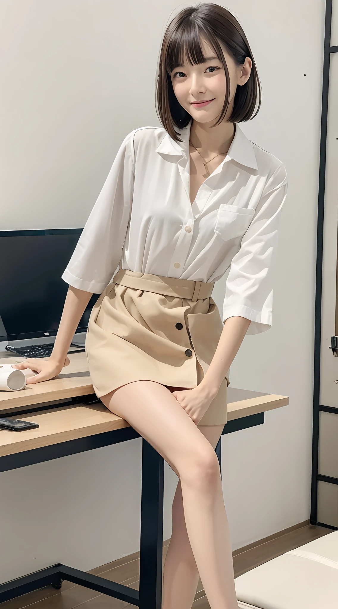 masterpiece、top-quality、8K、1girl in、younggirl、shinny skin、(Nice leg line:1.3)、thin-waist、Huge chest suit、Being in the company of high heels,The upper part of the body,Sexy legs、Beautie、Beautuful Women、kawaii、ren、Beautiful fece、dual、beauitful face、japanes、Casual Suit、Being in the company、in-house、rcasual、The face is orderly、slacks、Beige and white、Shortcut Hair、desk work、shortsleeves