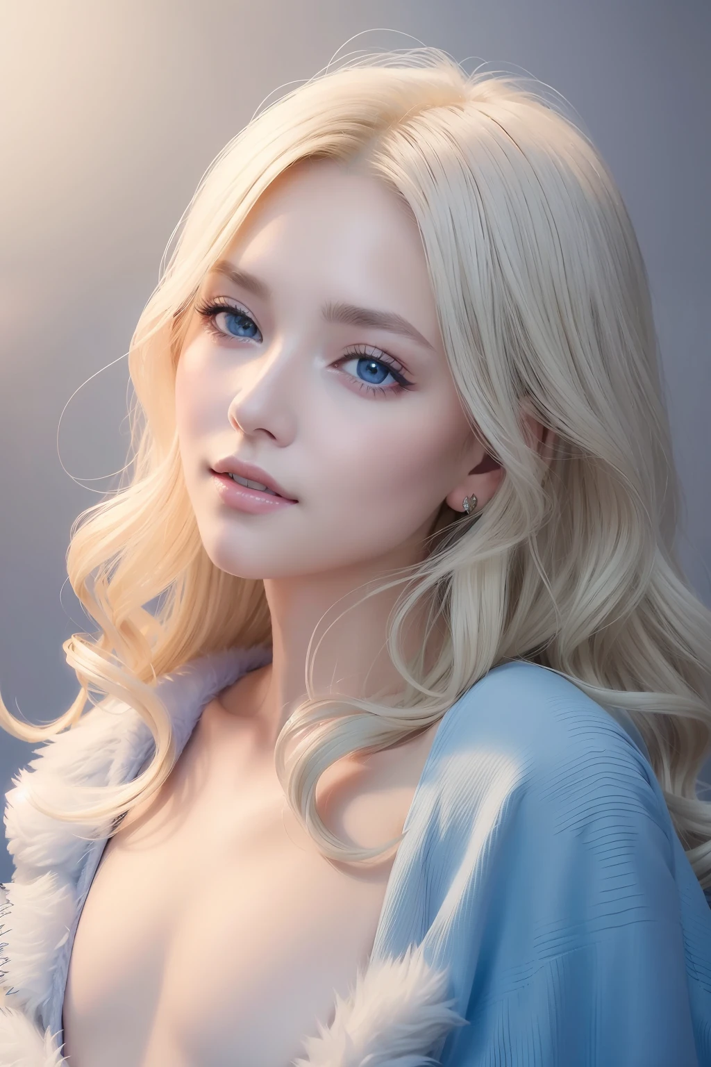 (masterpiece、top-quality、top-quality、Official art、Beautifully Aesthetic:1.2)Platinum blonde wavy hair、adult lady、Enchanted smile、blue eyess、tiny chest、Fluffy fur stoles