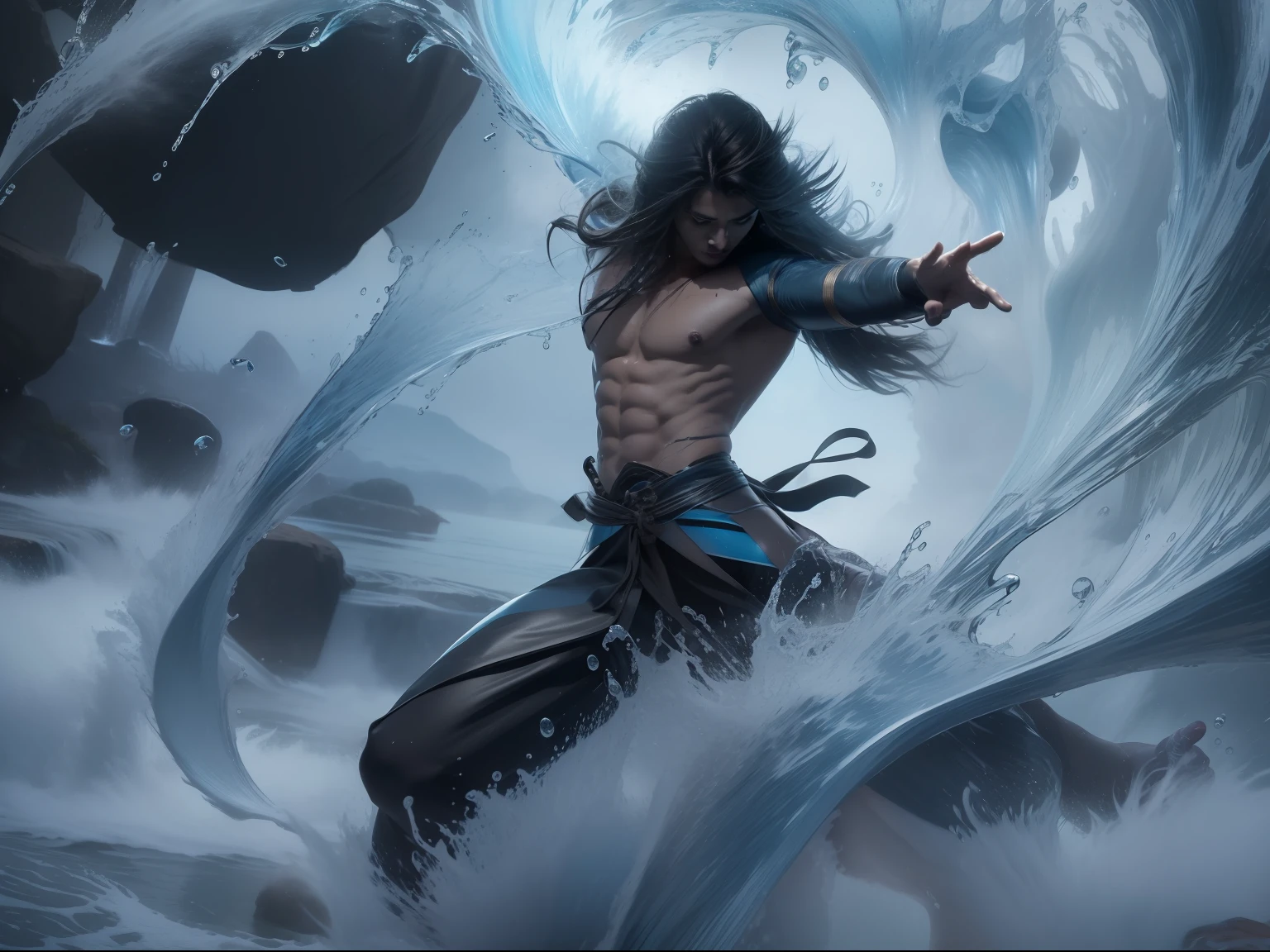 The god of water, in dynamic attitude, unleash the power of water, with whips of water surrounding and whirling out of his perfect body, shirtless. He has wet long silver messy hair and black pants. Dynamic pose, energic, he shouts with determination. Highly detailed. Photography.
