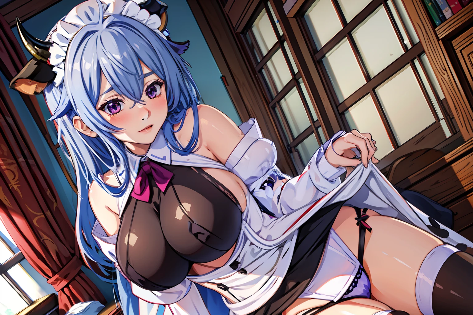 kashino, cow_horns,maid outfit, 5girl, solo,huge breasts, lifted by self, (micro panties),blush,gorin,indoors,bedroom,skirt lift, white_panties, NSFW