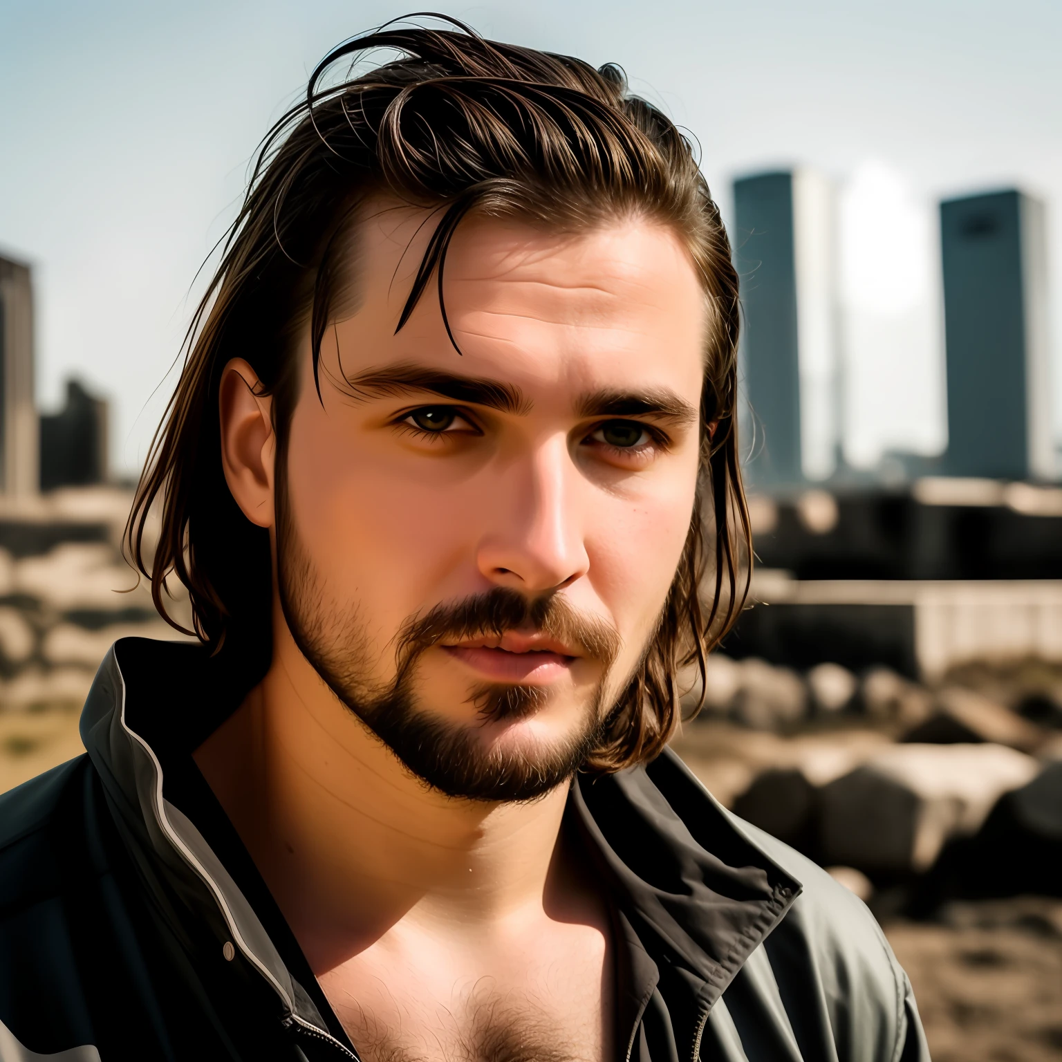 Round face, bearded man, bare