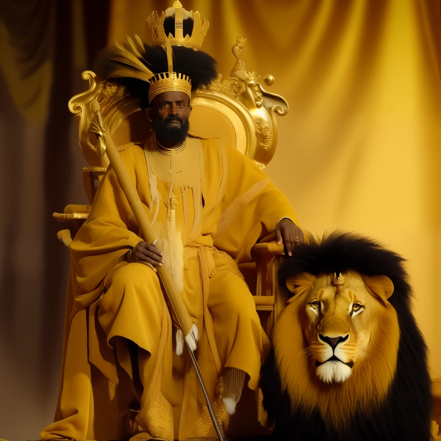 araffe sitting on a throne with a lion and a lion, king of kings, king of the jungle, brown skin man Ethiopian king, sat in his throne, sitting on his throne, many crowns!! upon his head, king in Gold, the king of Ethiopia, the king of dreams, lion warrior, the king in Gold, Minilik, King Minilik 11, minilik the second, Ancient Ethiopian king