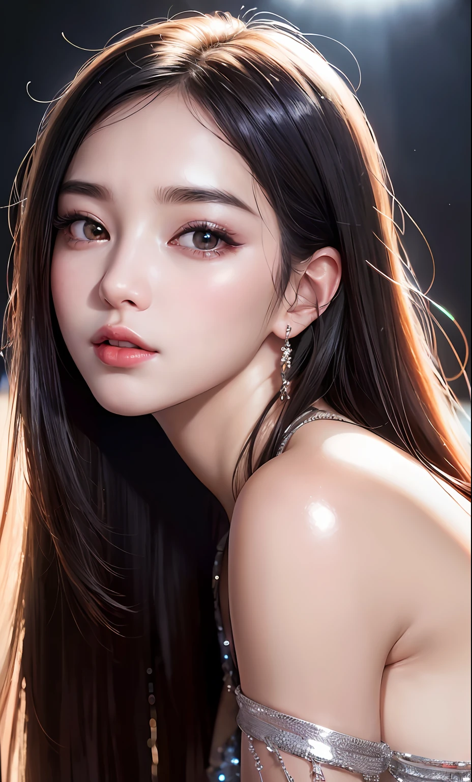 (8k, RAW photo, photorealistic: 1.25), (lip gloss, eyelashes, shiny face, shiny skin, best quality, ultra-high resolution, depth of field, chromatic aberration, caustics, wide range of lighting, Natural shading, Kpop idol) looking at the viewer with a calm and goddess-like happiness,