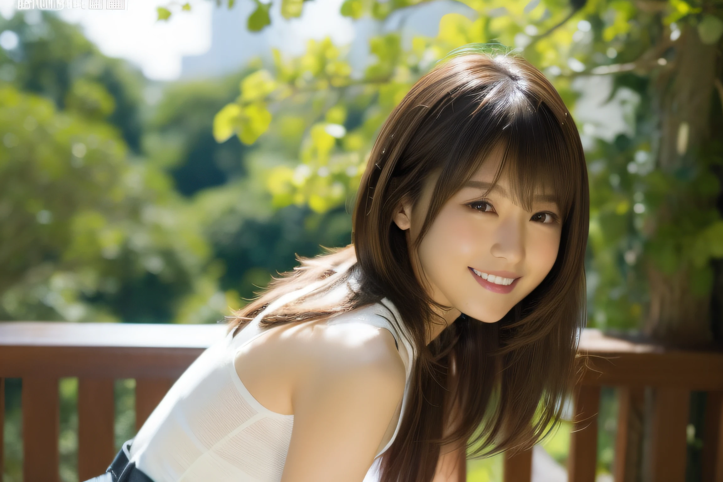8K,Best Quality, 超A high resolution, (Photorealistic:1.4), Raw photo, (upper thigh, From Side:1.2), (Bokeh:1.4), (sit on a bench:0.8), (in a suite:1.6),window, 1日本人の女の子, Cute, (Solo:1.6), (Shy smile), (Brown eyes), Smooth skin, (Brown medium hair,Bangs), (touch hair:1.4),nogizaka,a park,Fashionable clothes