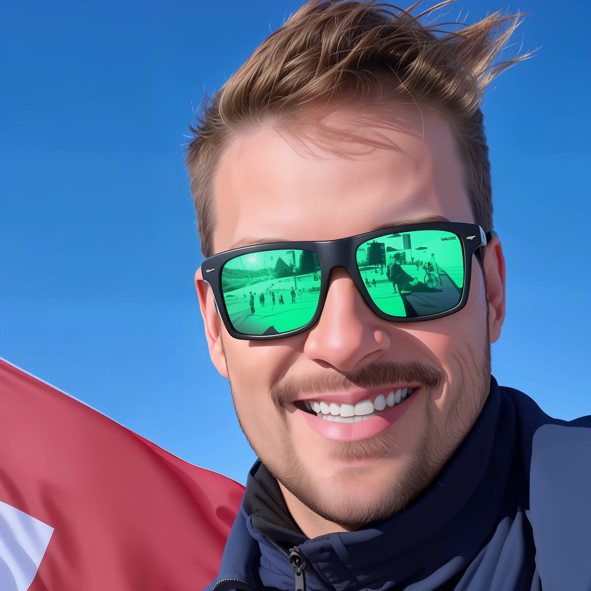 Smiling man with sunglasses in front of Swiss flag and flag, Fotografia selfie 8k, Christophe Szpajdel, Sascha Schneider, Jan Urschel, Leon Tukker, Guilherme Tholly, Dominik Mayer, Kacper Niepokolczycki, Romain Jouandeau, quando vermehr, 4 0 9 6, Directed by: Karl Völker