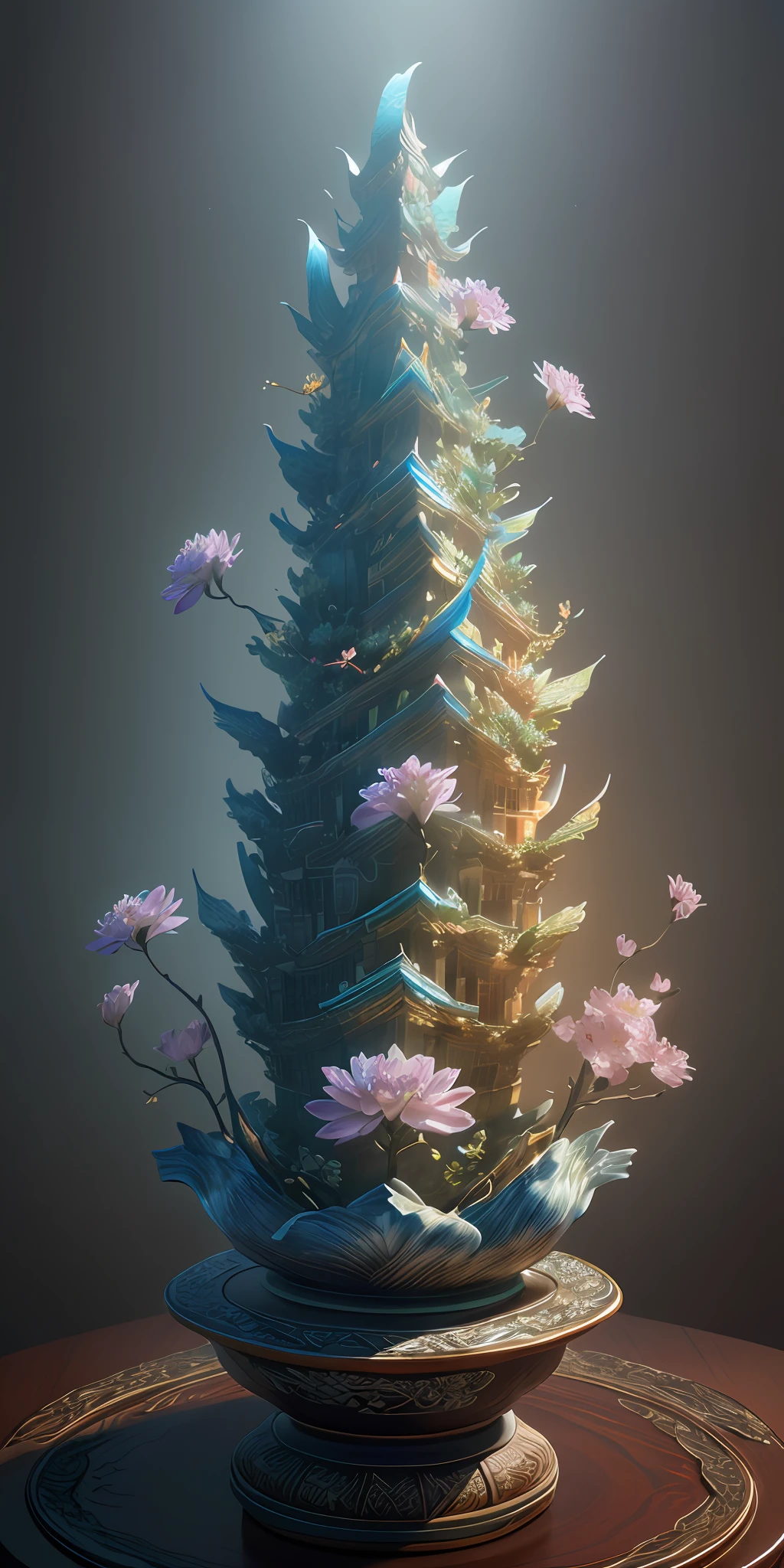 best quality, realistic, photorealistic,  ultra detailed, "Mountain of Flower and Fruit+Fairy+Chinese Architecture" highly detailed carving on "southern ice" porcelain,Ultra wide angle,Accent Lighting,Volumetric Lighting,backlighting, (detailed light),((an extremely delicate and beautiful)),dramatic_shadow,ray_tracing,hdr