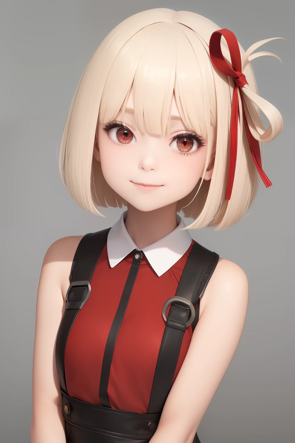 top-quality, masterpiece, platinum-blonde,Bob Hair,Short, Red ribbons,red eyes, Masterpieces of the upper body,(ultra-detailliert),1girl in,A big smile,Senzoku Nishikiki,Licorice recoil