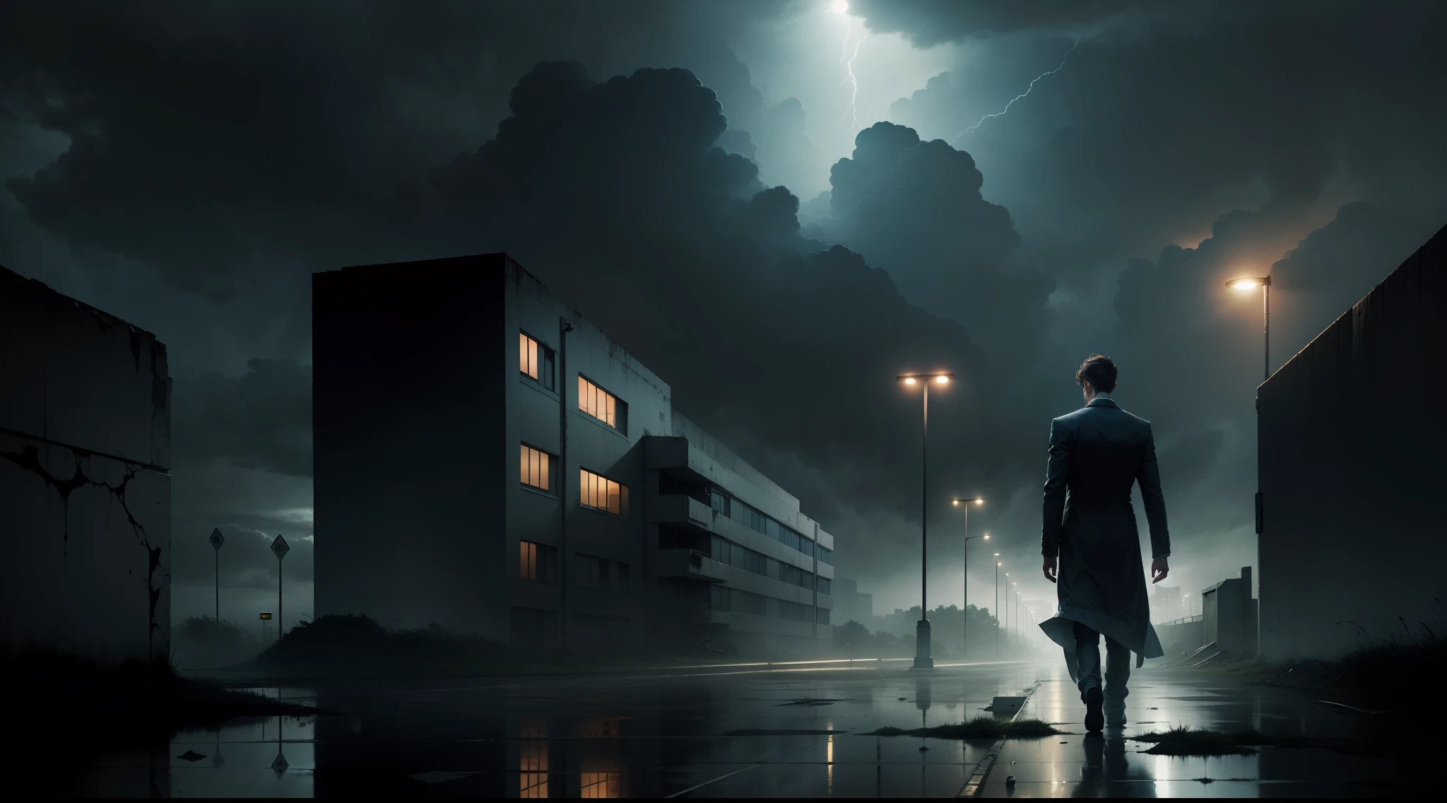 BackgroundAbandoned hospital Late night Stormy young male reporter Back Walking towards hospital The atmosphere is eerie and mysterious
