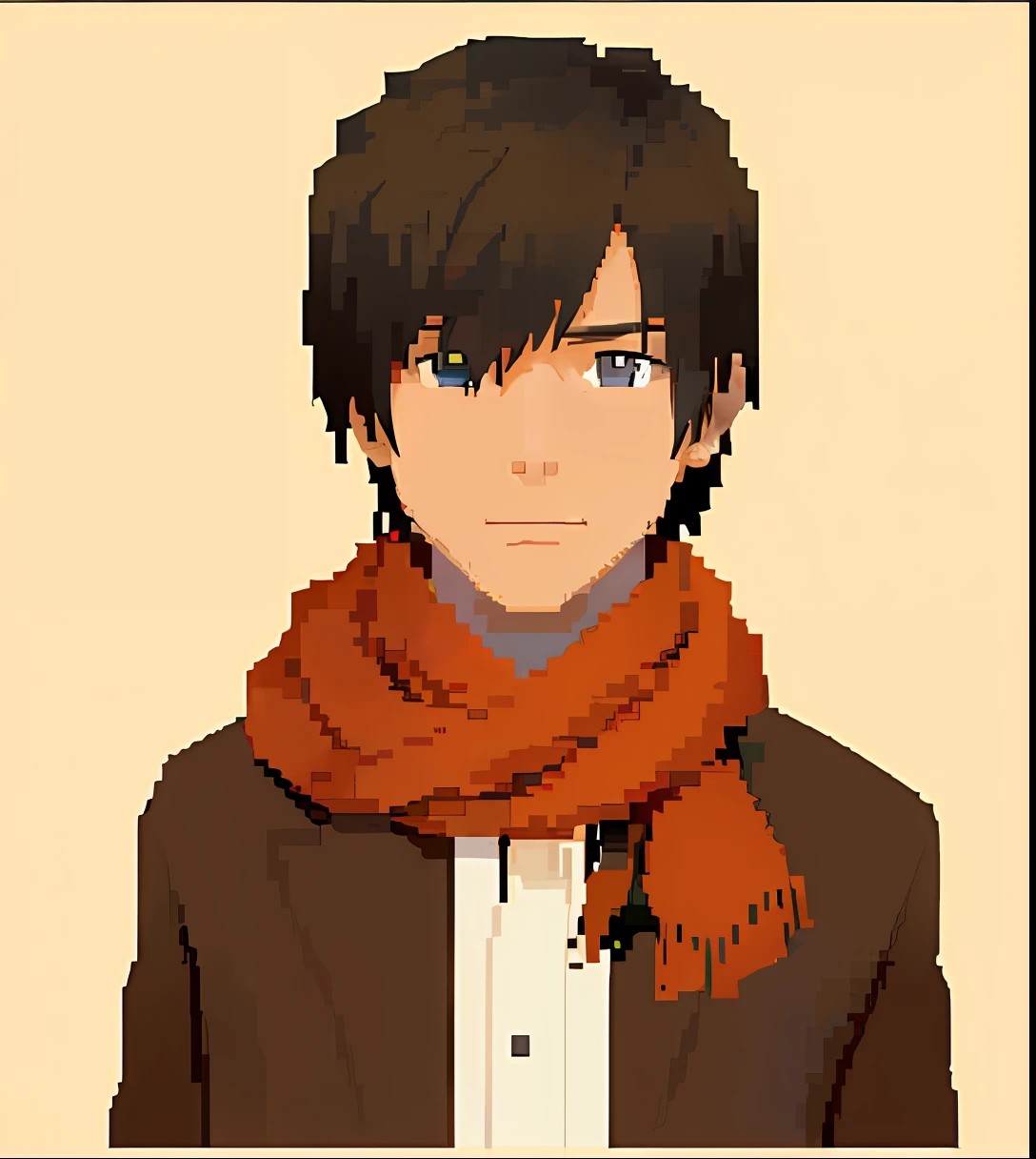 Pixel art of man wearing scarf and brown jacket, #pixelart:3, lofi portrait, Flat anime style, flat anime style shading, # pixelart, #pixelart, /r/pixelart, anime style character, visual novel sprite, he‘s wearing a red scarf, in an anime style, portrait pixel art drawing, young anime man, pixelart