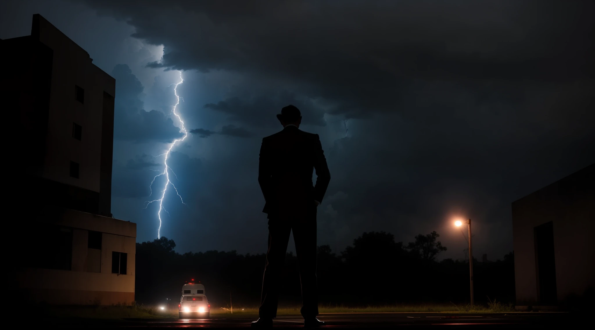 Thunder and lightning at night outside an abandoned hospital,The hospital has a red cross,A young male reporter turned his back to us,Camera in hand。He wears classic 1940s journalist clothing and pants