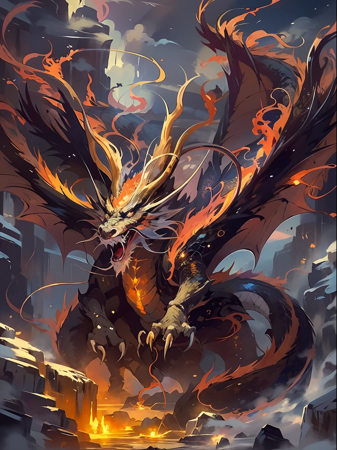 (tmasterpiece),(best qualtiy),8K,high detal,Hyper-detailing,The majestic Dragon King stands on the top of the mountain,Its powerful wings stretch,Demonstrate great power and dominance。The dragon scales shone with imperial golden light,Reflect sunlight,Shine brightly。Its sharp eyes exude wisdom and authority,Sharp claws grasped the rugged terrain below。Flames dance around the dragon's nose,Proof of its fiery breath and terrifying nature。