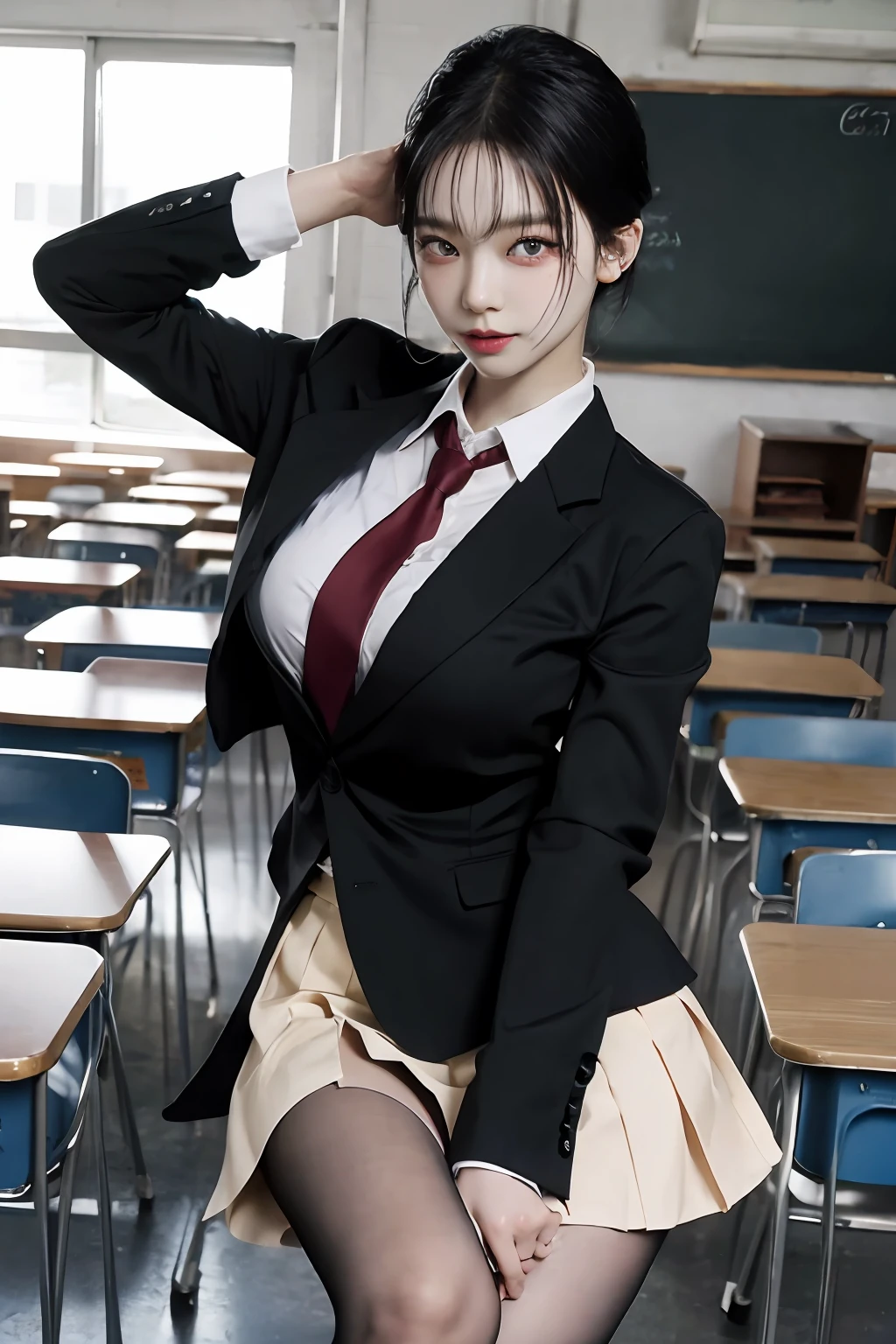 8K RAW photo, high resolution, 21 year old cool Korean, big round breasts, school uniform, tie, tie ribbon, blazer, skirt, beautiful eyes in detail, long eyelashes, beautiful double eyelids, eye shadow, slit eyes, sanpaku eyes, dark eye makeup, evil smile, beautiful thin legs, short hair gathered at the back, earrings, school classroom