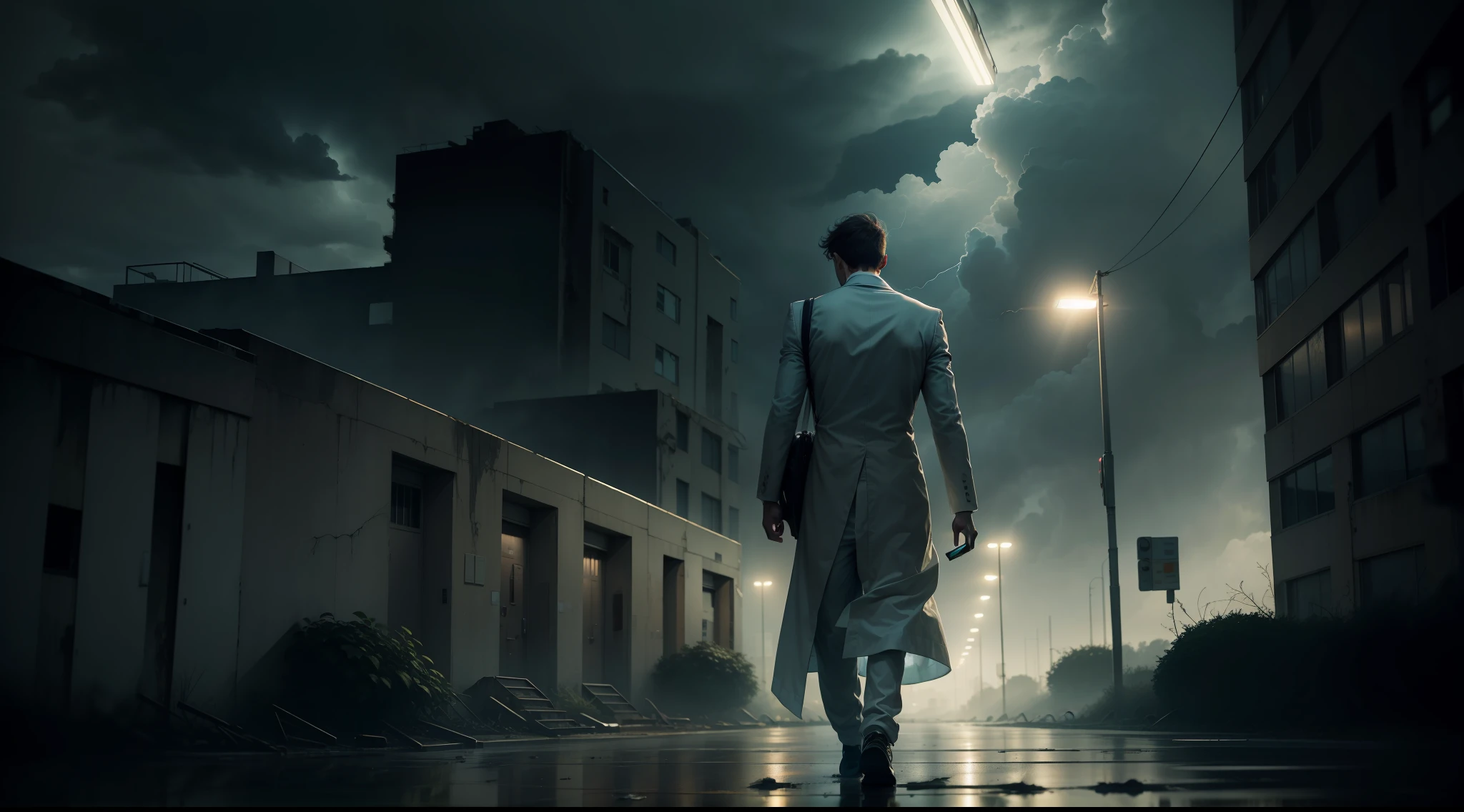 BackgroundAbandoned hospital Late night Stormy young male reporter Back Walking towards hospital The atmosphere is eerie and mysterious